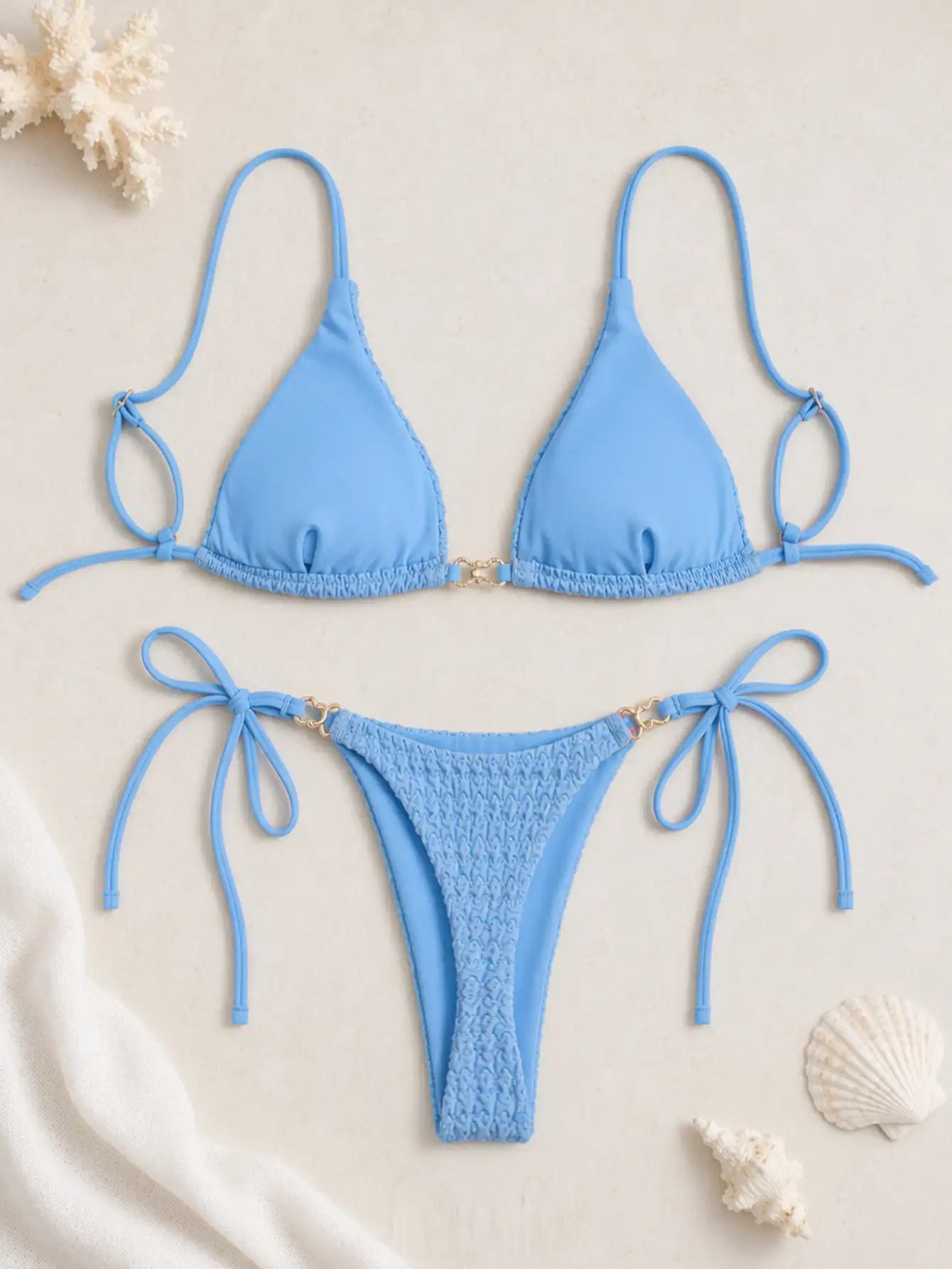 Malibu Crinkle Textured Triangle Side Tie Bikini Set - Sky Blue