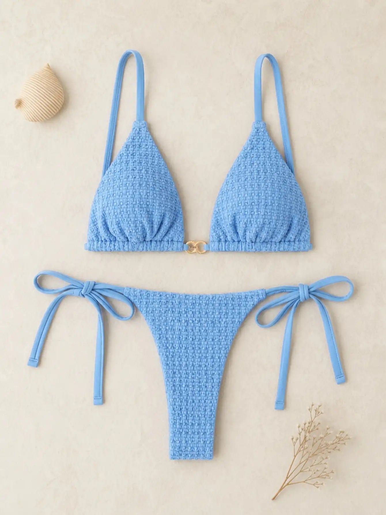 Malibu Crinkle Textured Triangle Side Tie Bikini Set - Sky Blue