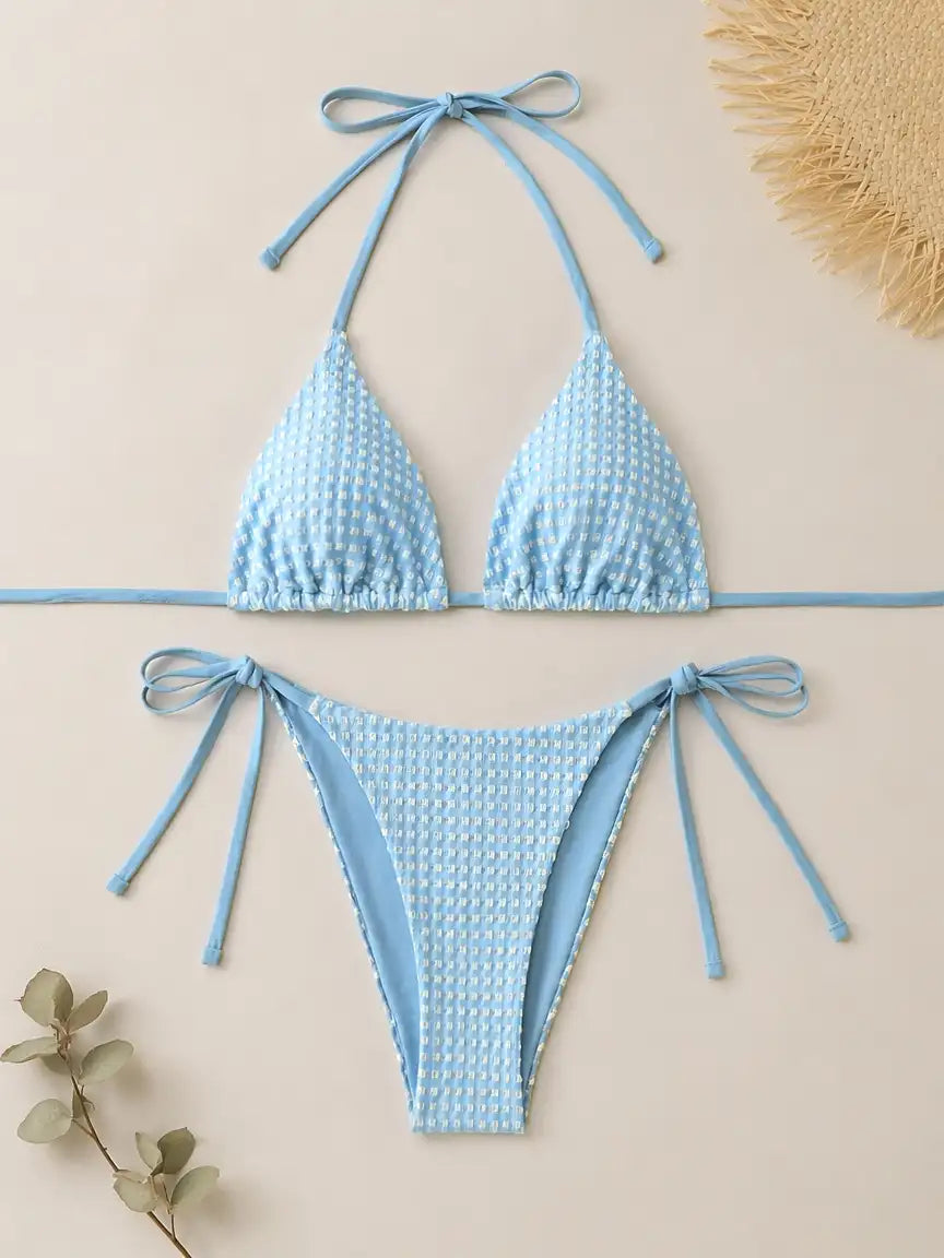 Malibu Gingham Tie Bikini Set - Sky Blue