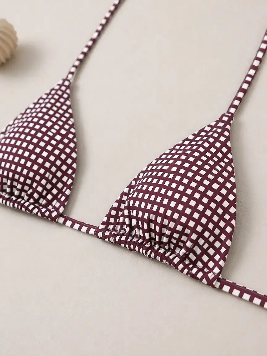 Malibu Gingham Triangle Cheeky Bikini Set - Burgundy Grid