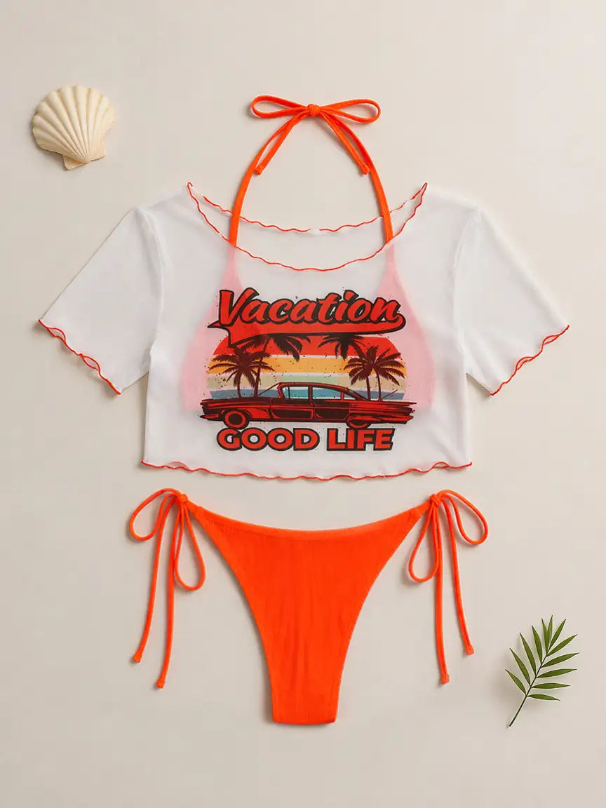 Malibu Vacation Mesh Cover Up 3 Piece Bikini Set - Tangerine Orange