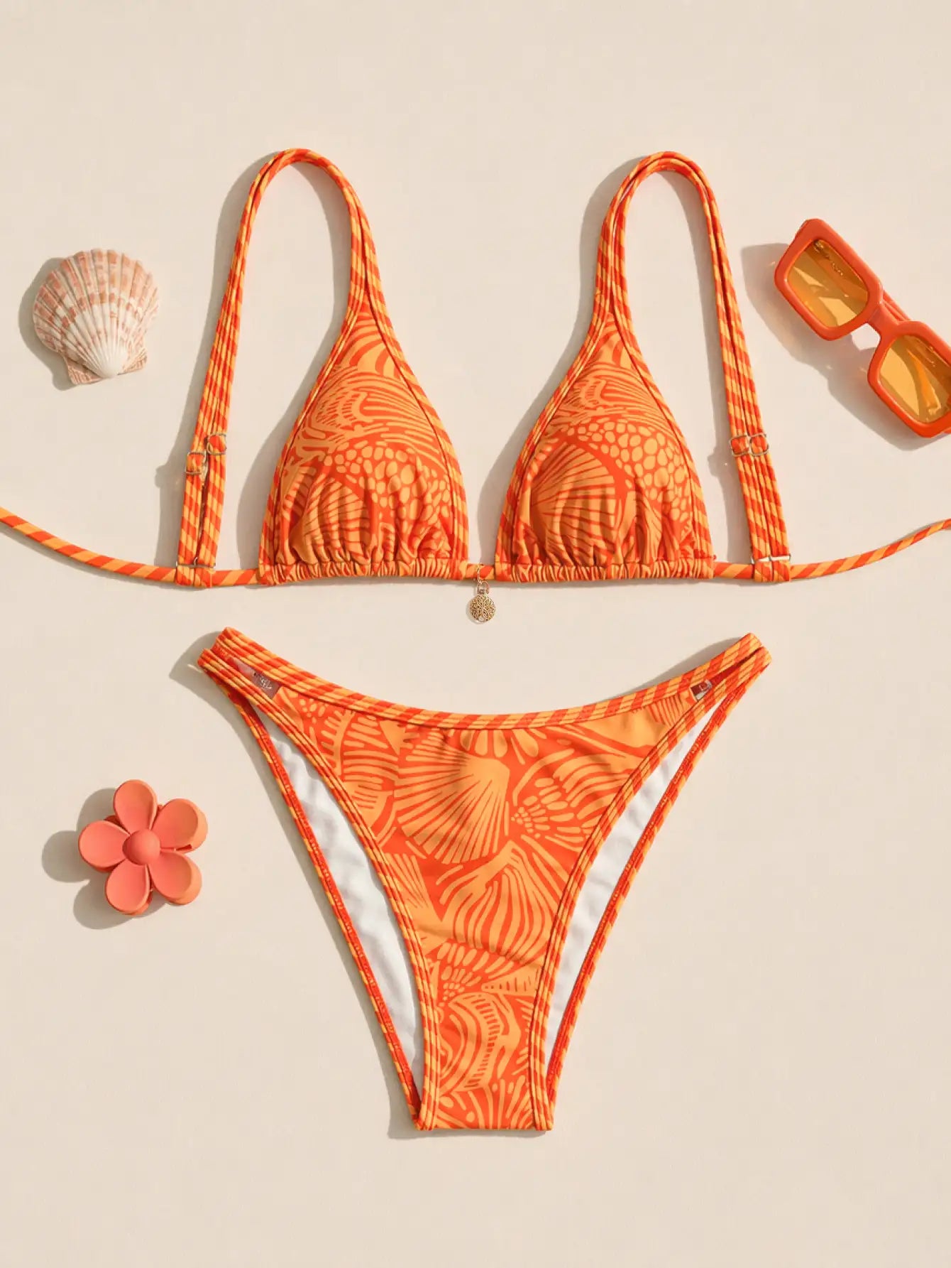 Marbella Shell Print Triangle Bikini Set - Orange