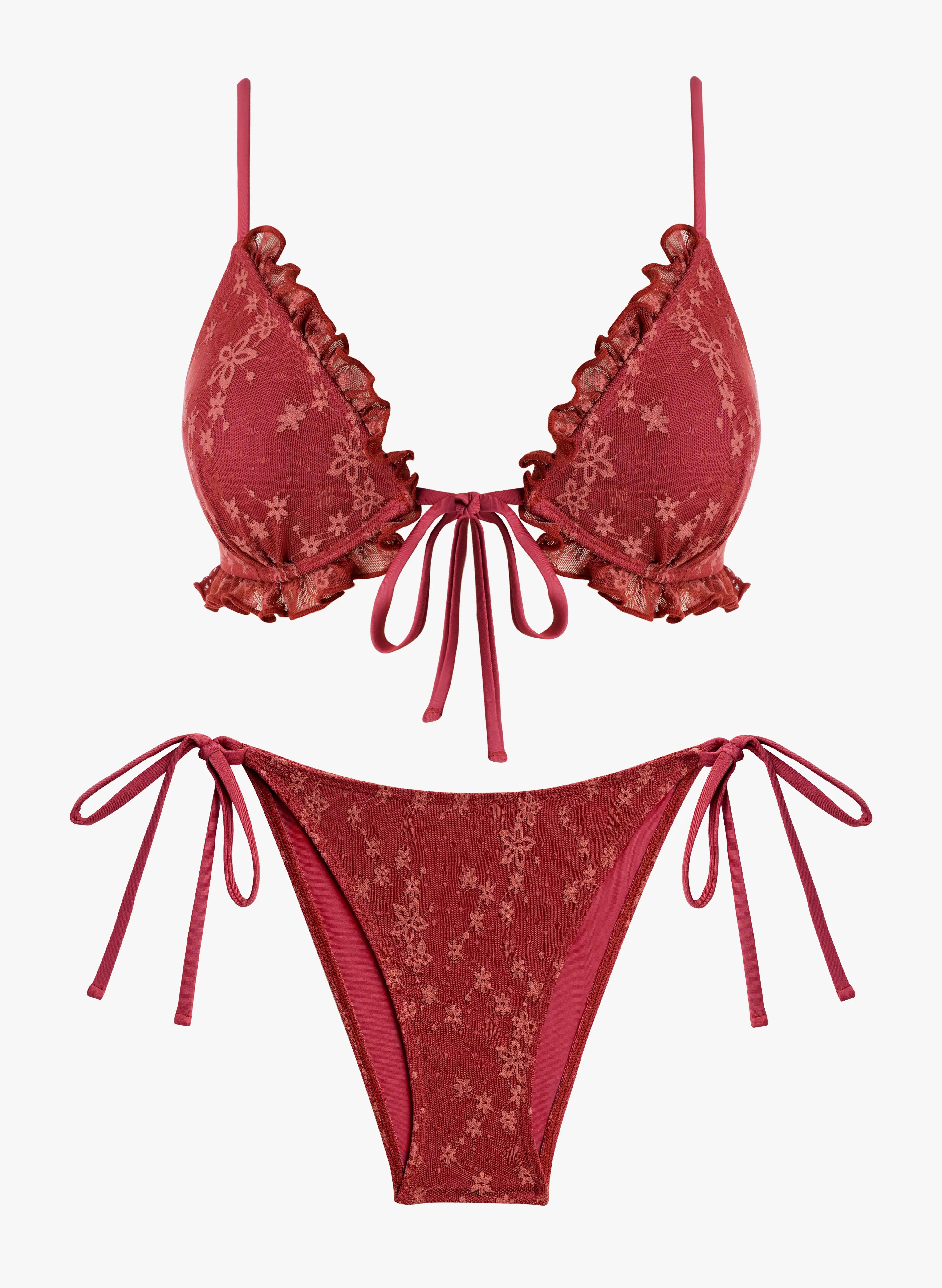 Marilyn Ruffle Front-Tie Bikini Set - Burgundy Floral