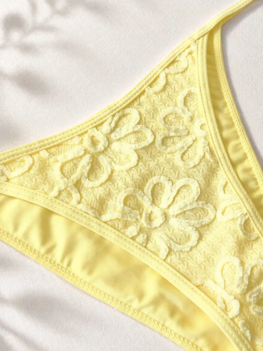 Maui Shell Strap Floral Embossed Bikini Set - Pale Lemon Yellow