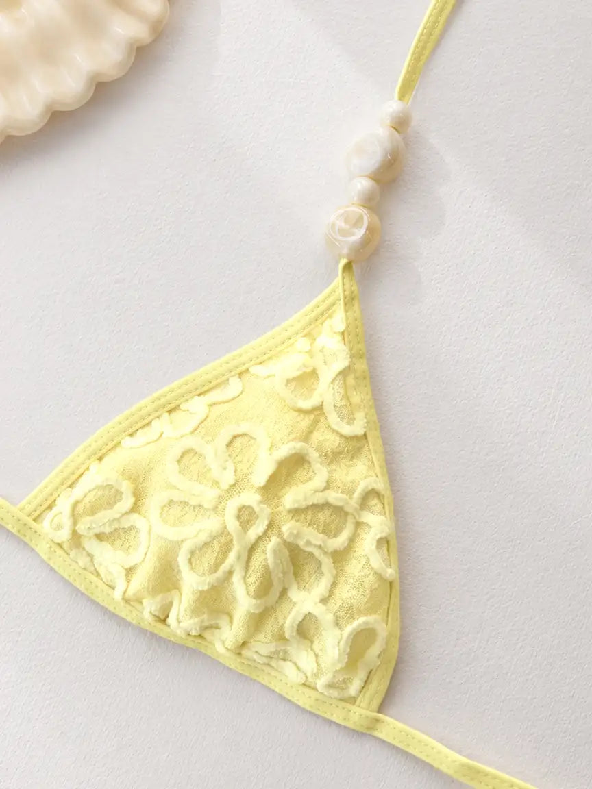 Maui Shell Strap Floral Embossed Bikini Set - Pale Lemon Yellow