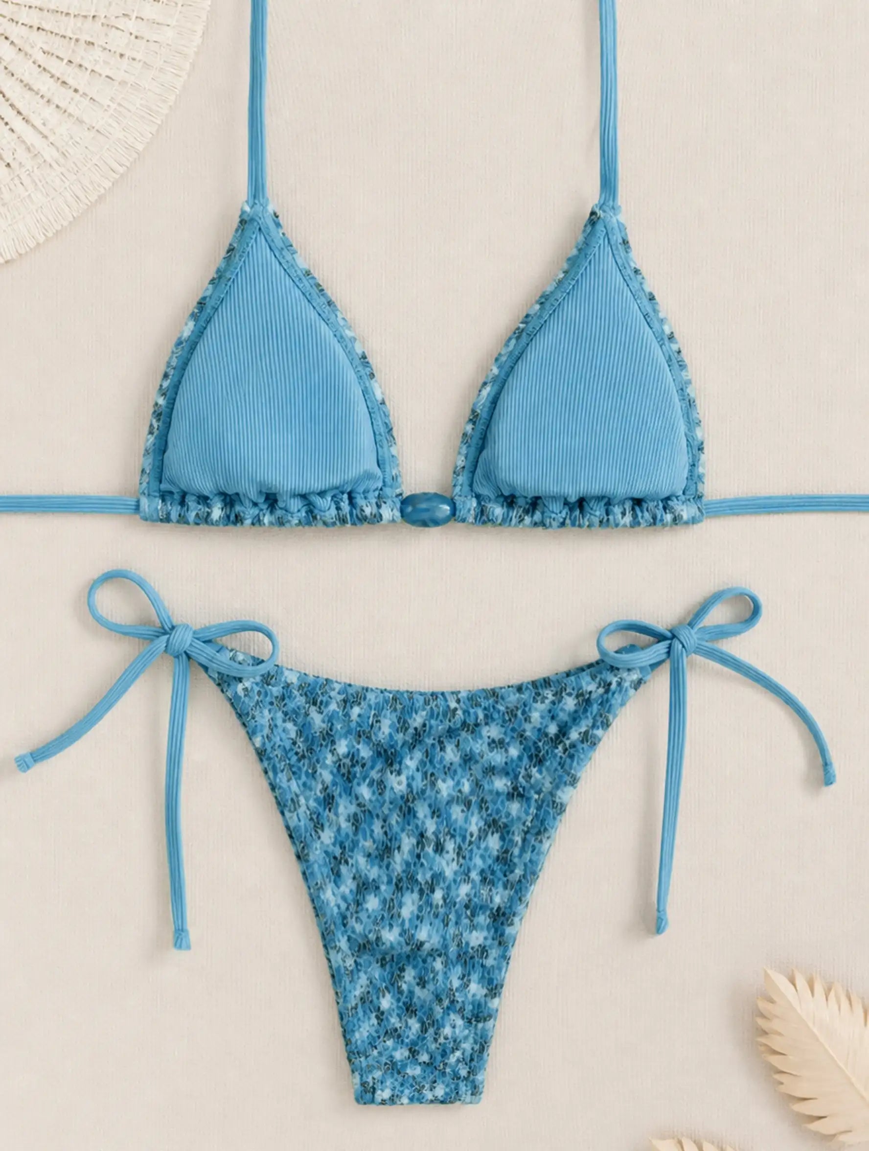 Miami Ditsy Beaded Tie Bikini Set - Ocean Blue