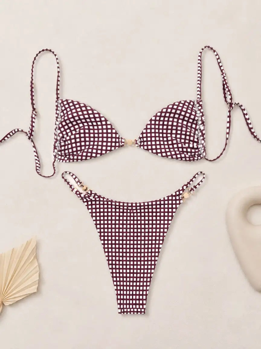 Monaco Gingham Pearl Detail Bikini Set - Plum Wine