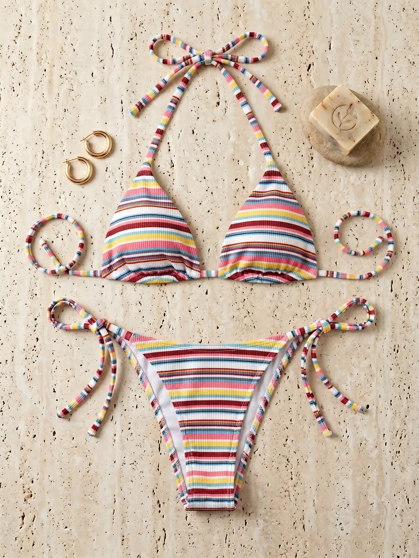 Multicolor Striped Thin Strap Two-Piece Bikini Set