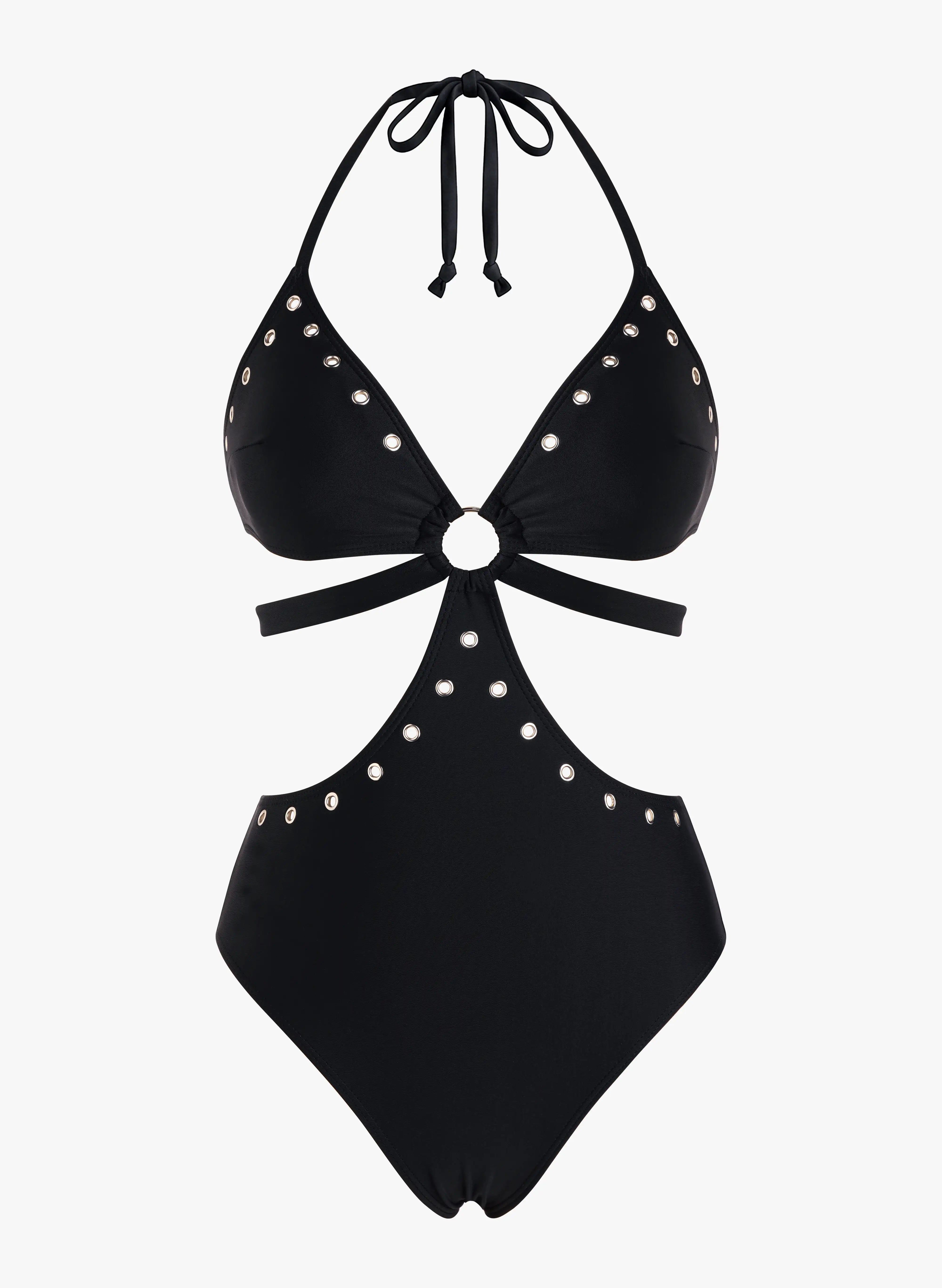 Mykonos Black Eyelet Cutout Halter One Piece Swimsuit