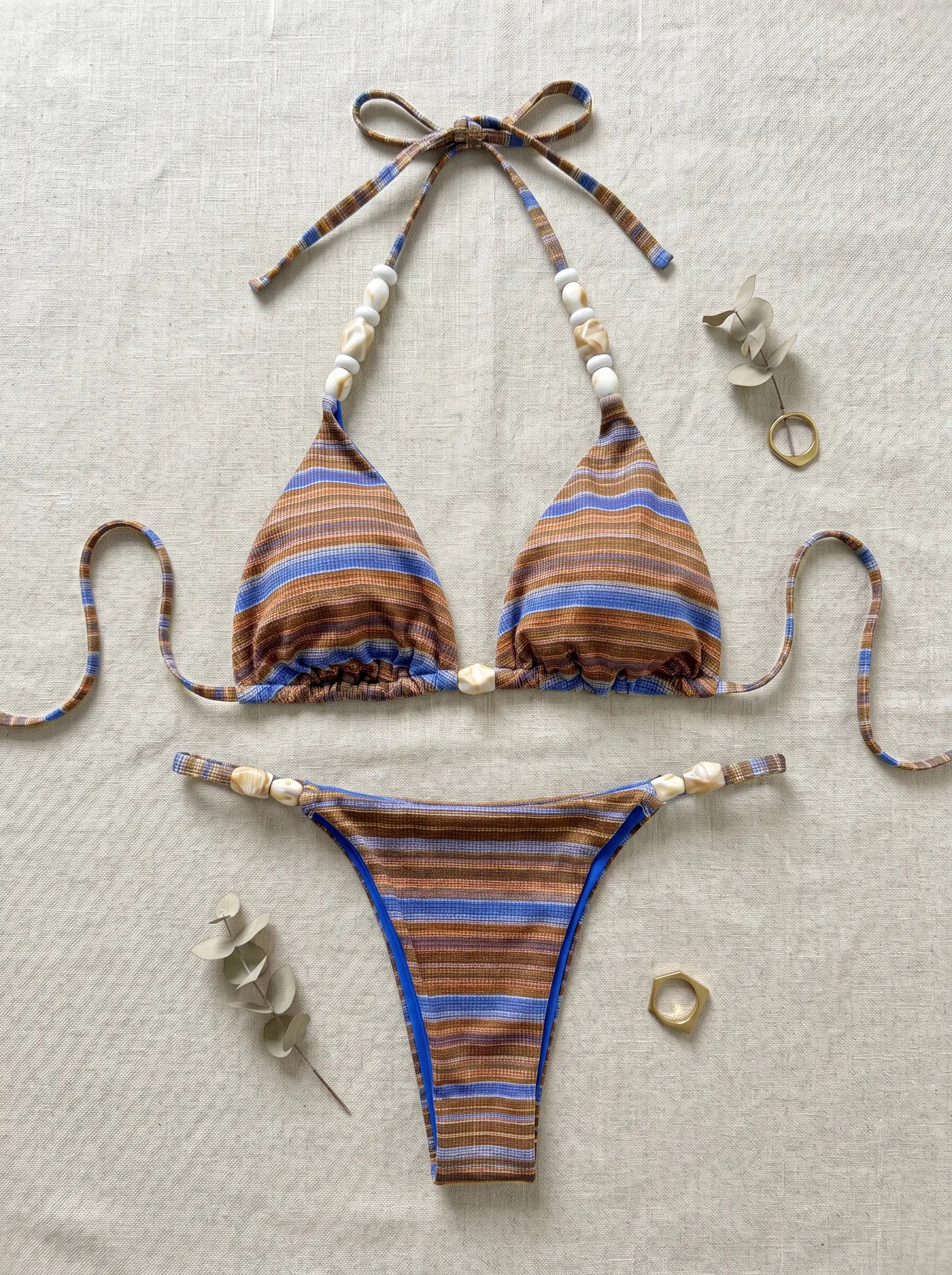 Mykonos Shell Bead String Bikini Set - Striped Mocha Brown & Blue