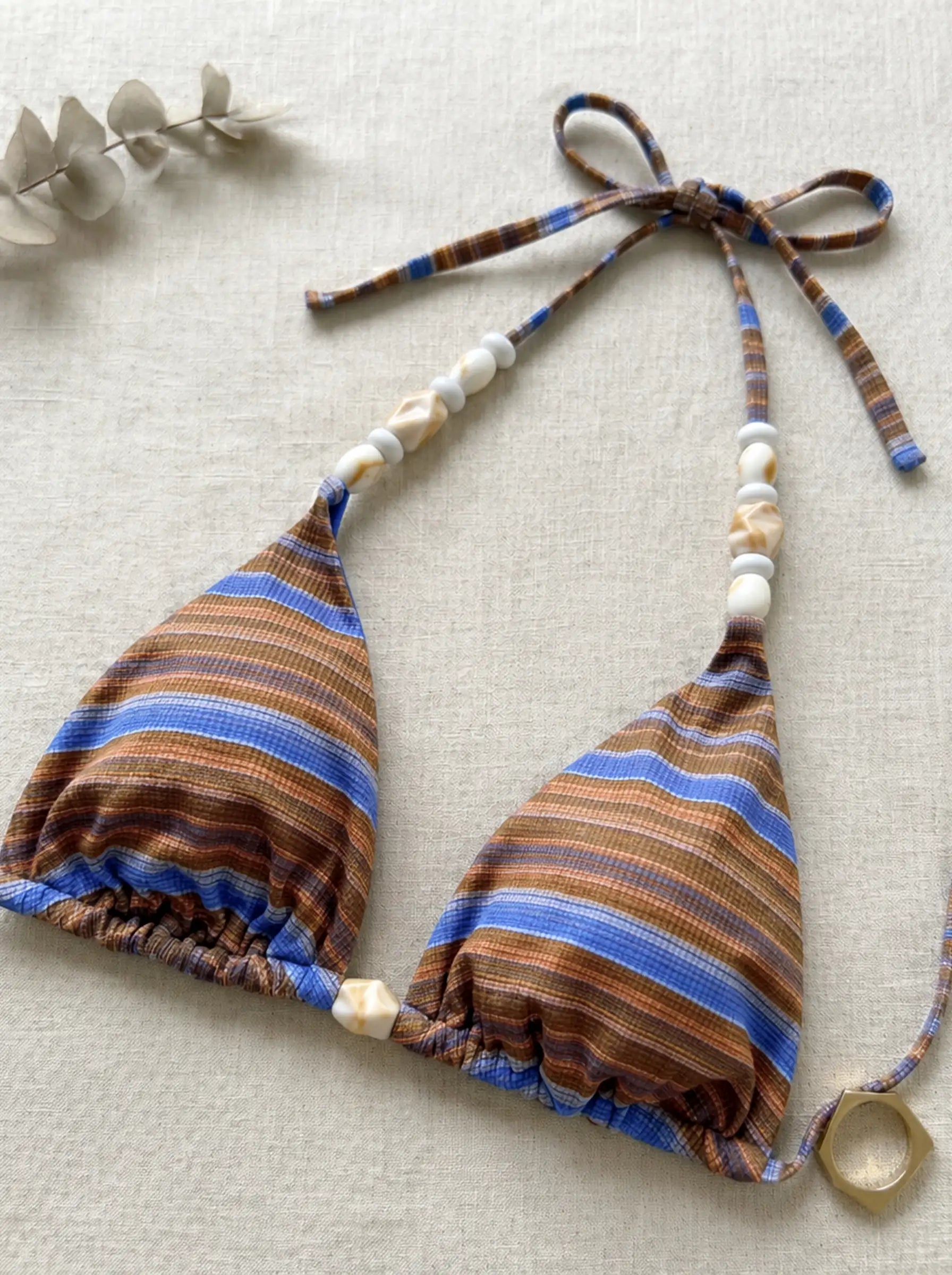 Mykonos Shell Bead String Bikini Set - Striped Mocha Brown & Blue