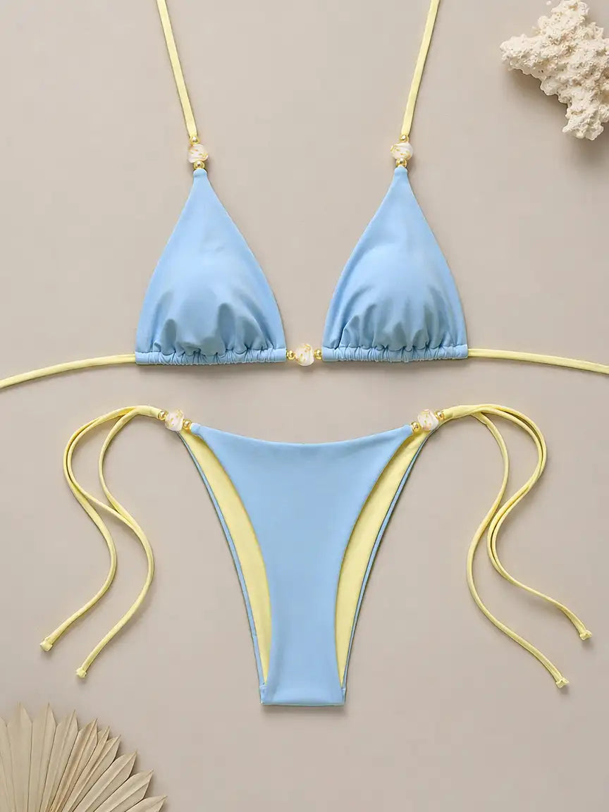 Mykonos Shell Bead Triangle Bikini Set - Sky Blue