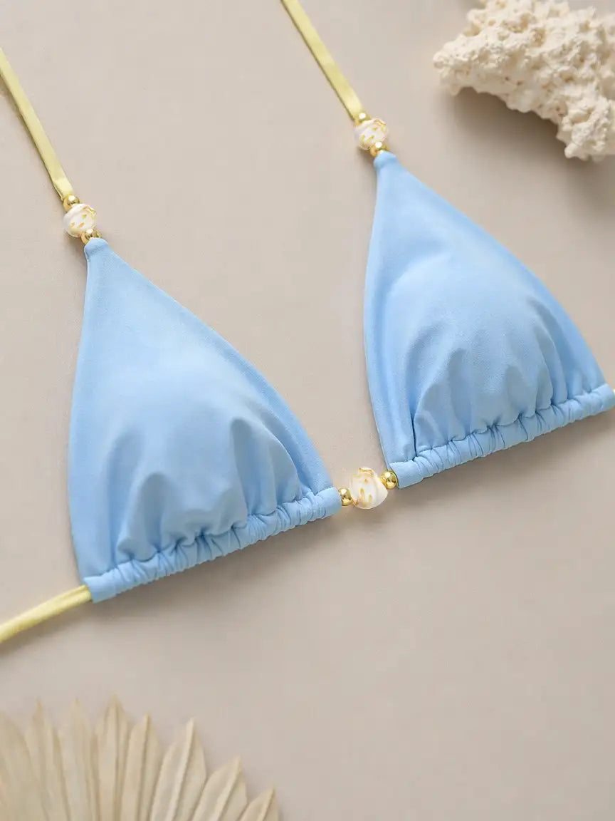 Mykonos Shell Bead Triangle Bikini Set - Sky Blue