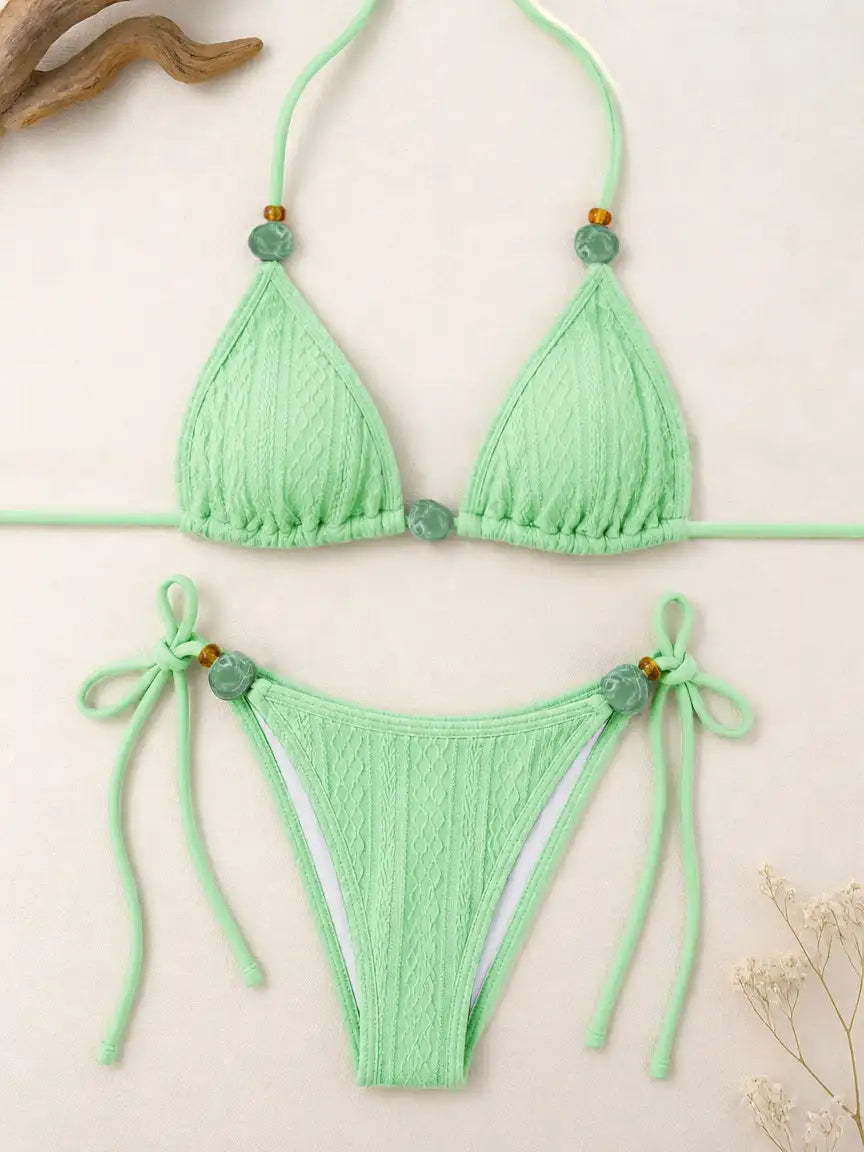 Mykonos Textured Beaded Triangle Bikini Set - Lime Zest Green