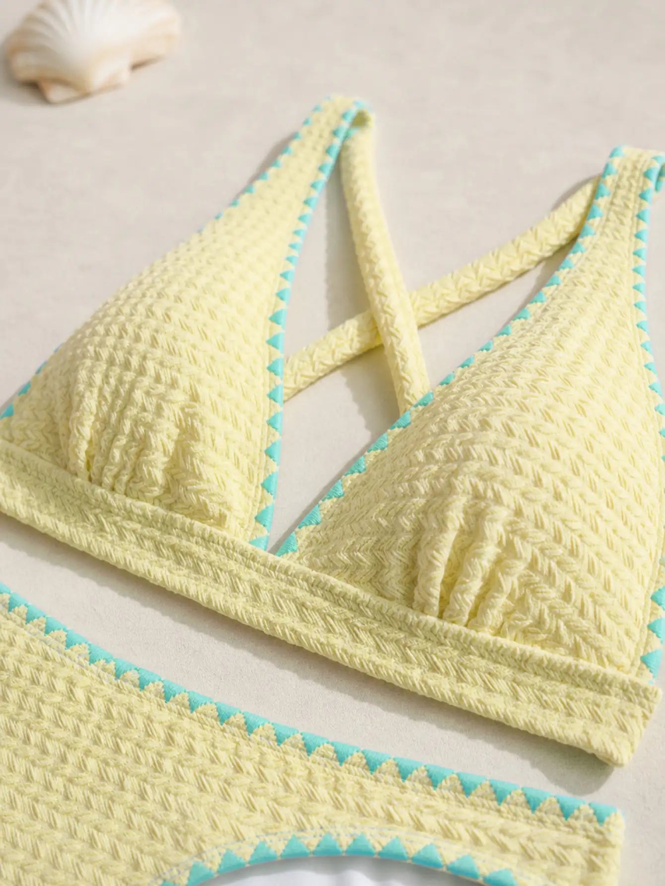 Mykonos Textured Halter Bikini Set - Limoncello Yellow & Sky Blue Trim