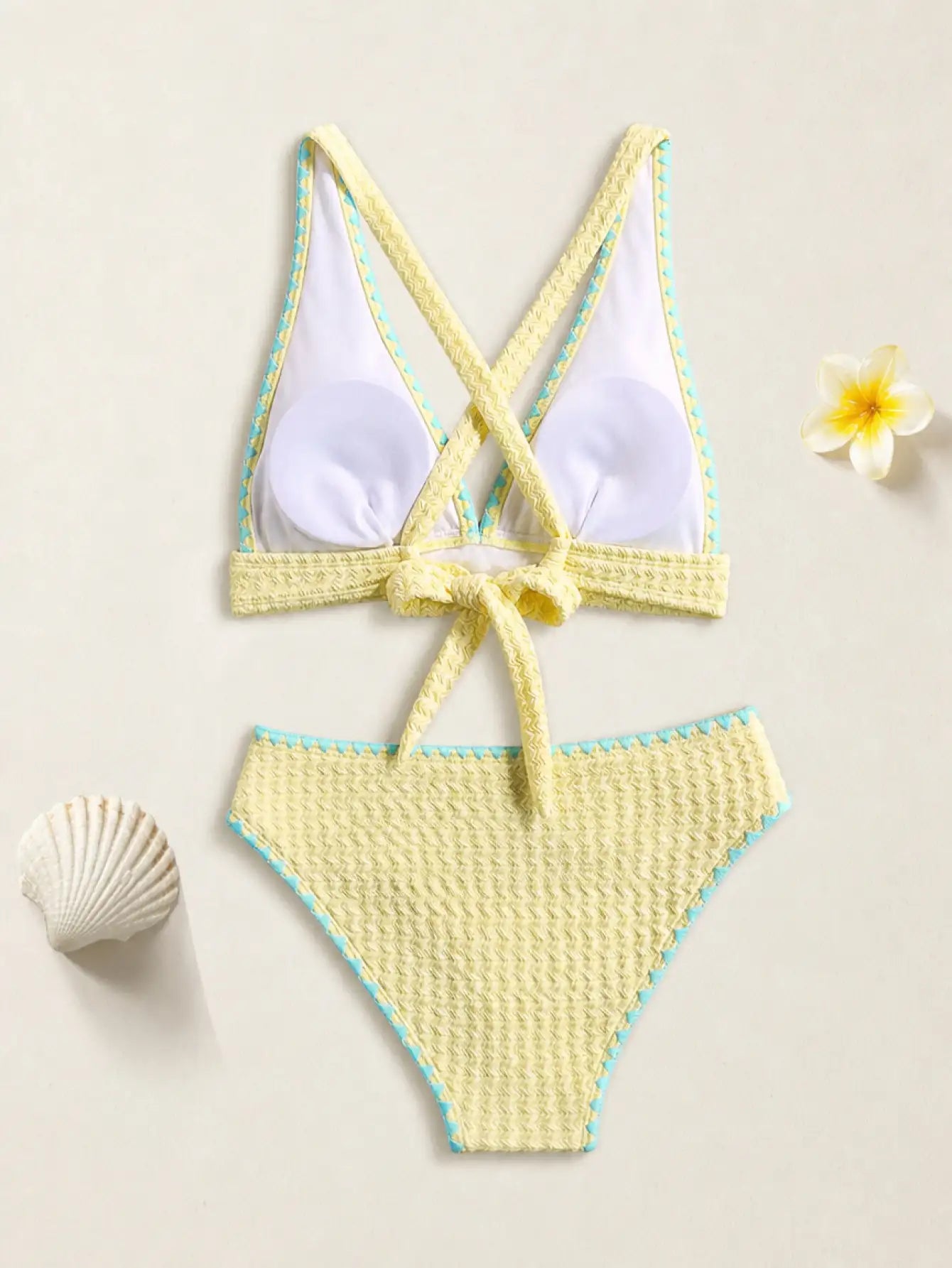 Mykonos Textured Halter Bikini Set - Limoncello Yellow & Sky Blue Trim