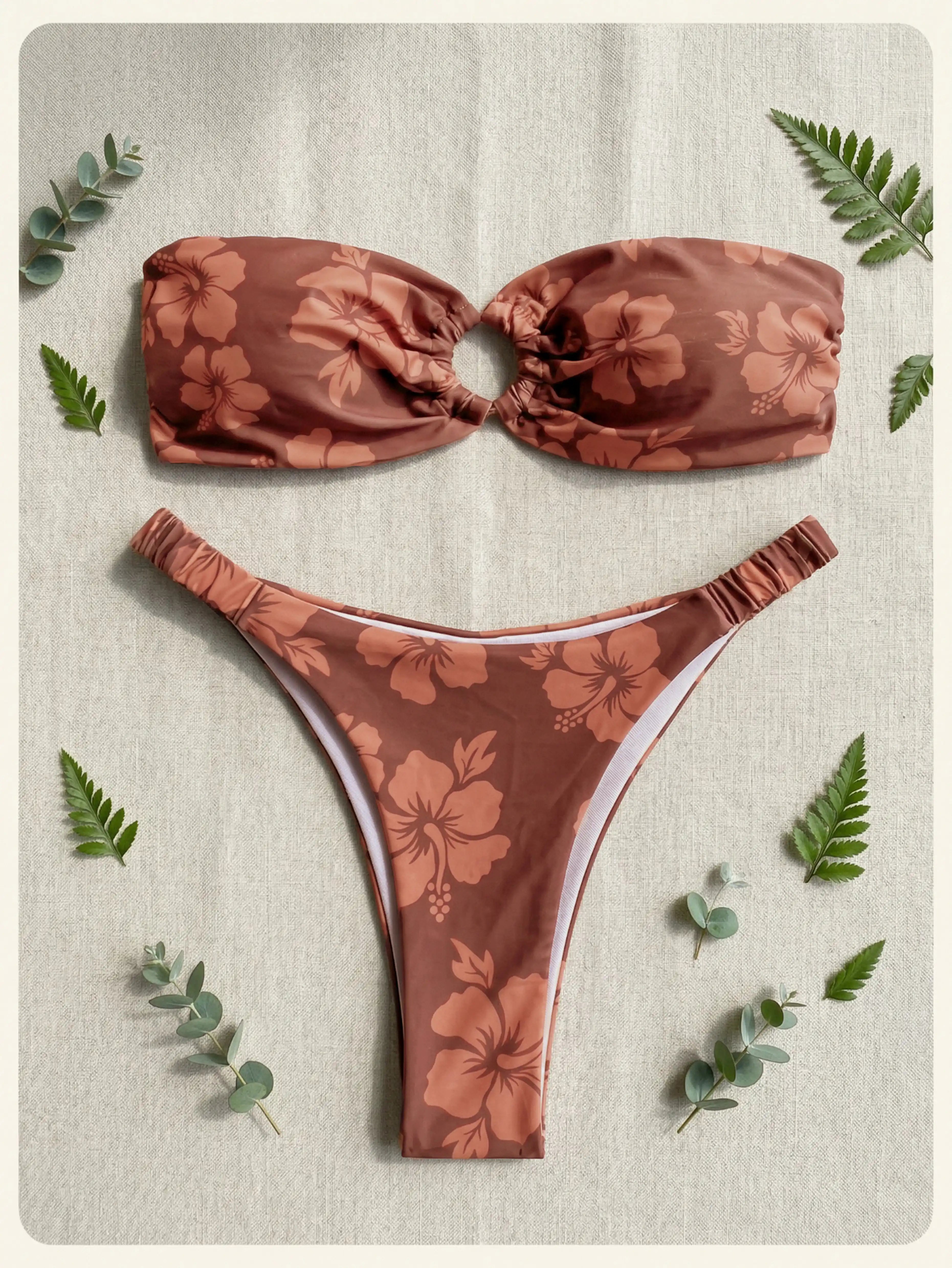 Oahu Hibiscus Ring Bandeau High Cut Bikini Set - Terracotta Brown