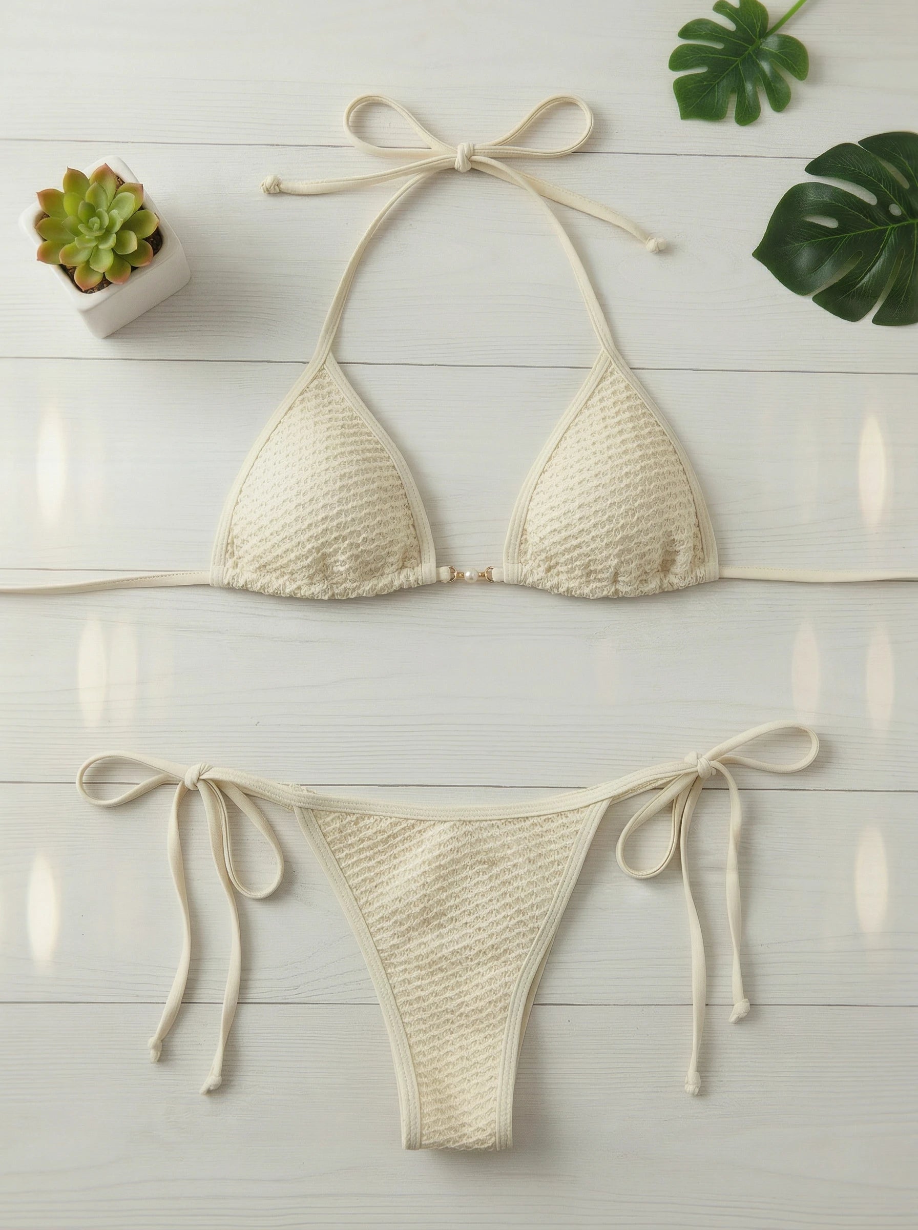 Pearl Decor Halter Neck Two Piece Bathing Suit