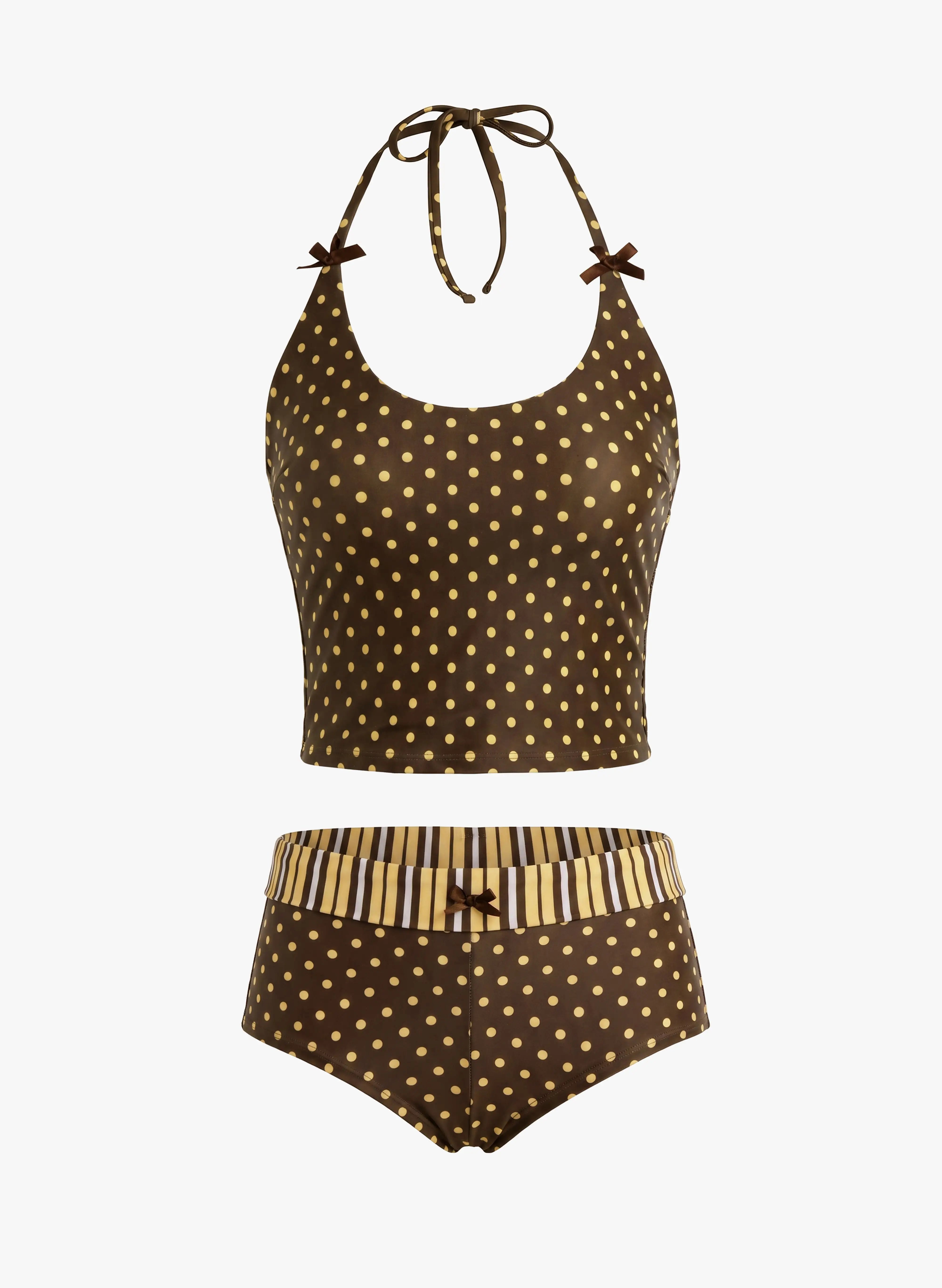 Polka Dot Elara Bow Halter Tankini Short Swim Set - Coffee Gold