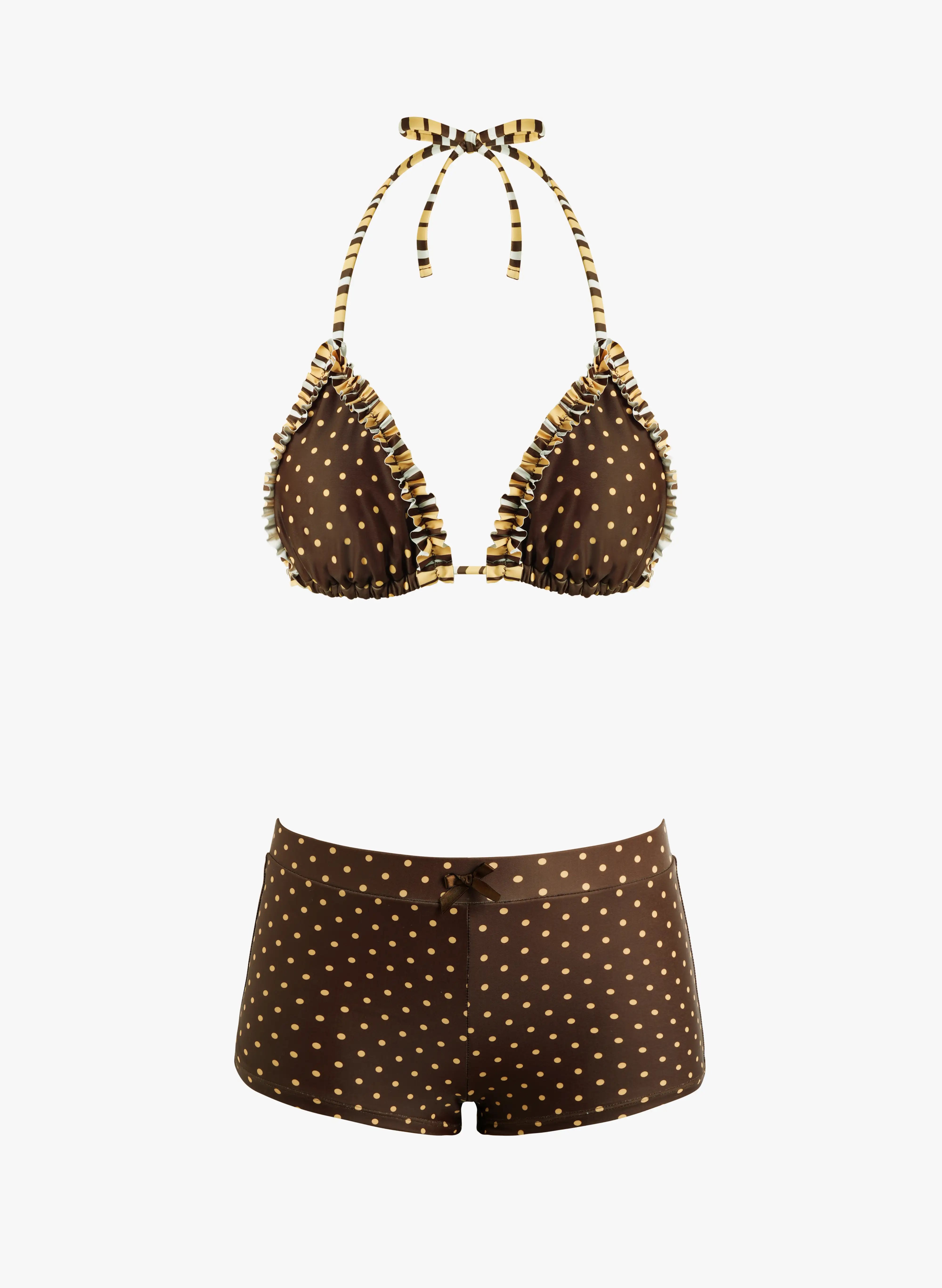 Polka Dot Isla Ruffle Triangle Bikini Short Swim Set - Cocoa Gold