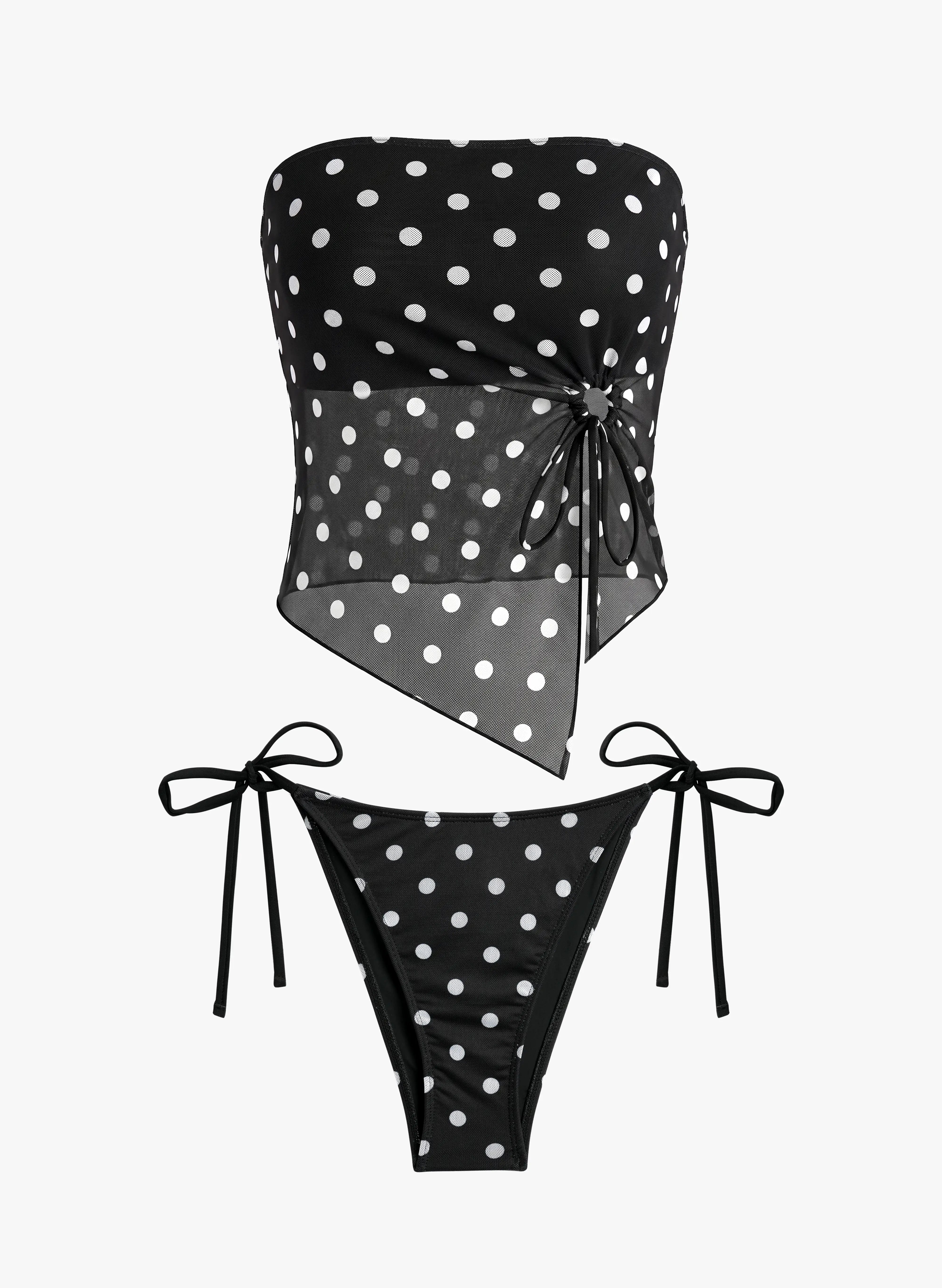 Polka Dot Lila Strapless Ring Ruched Mesh Tankini Set - Black White