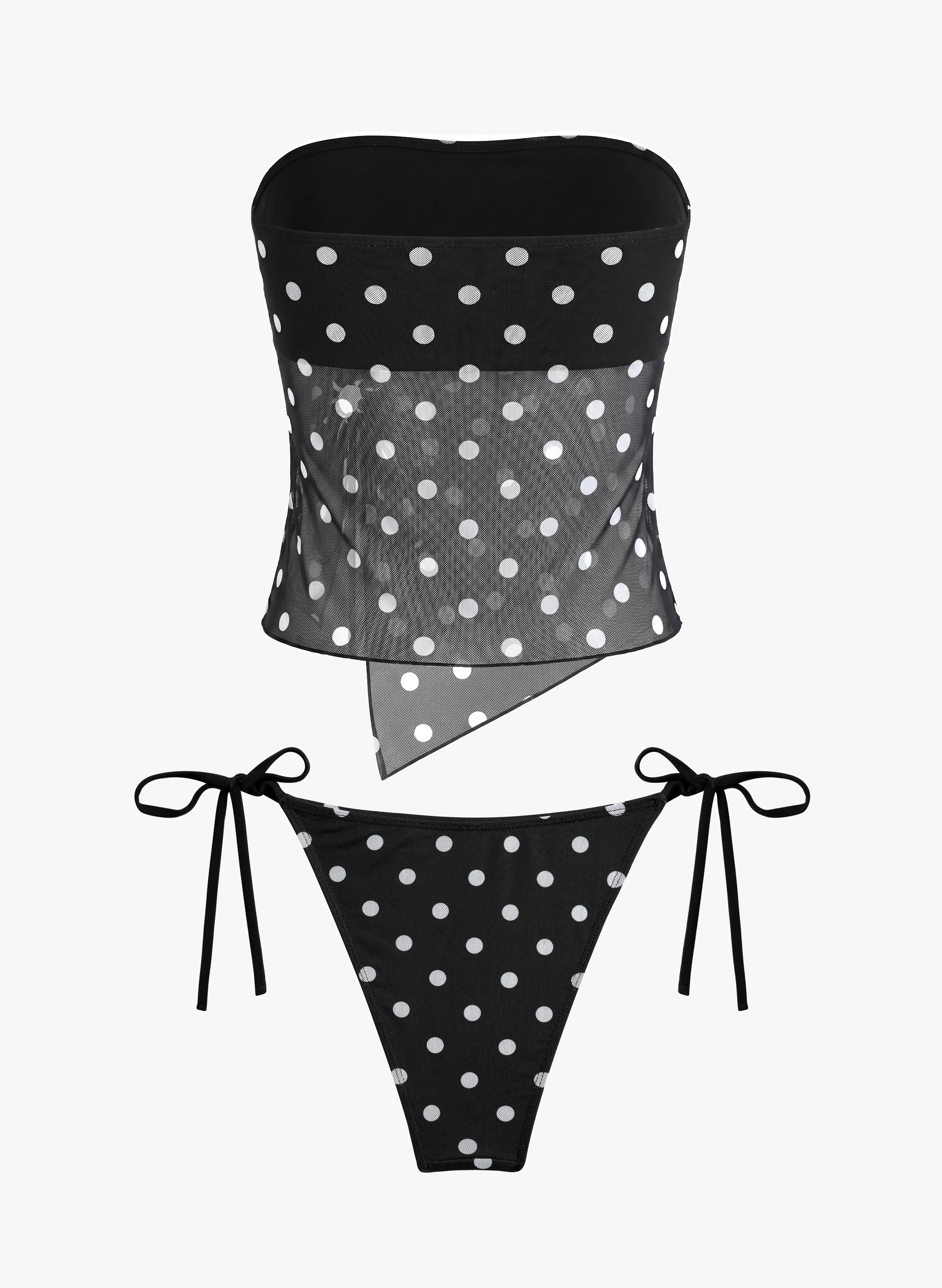 Polka Dot Lila Strapless Ring Ruched Mesh Tankini Set - Black White