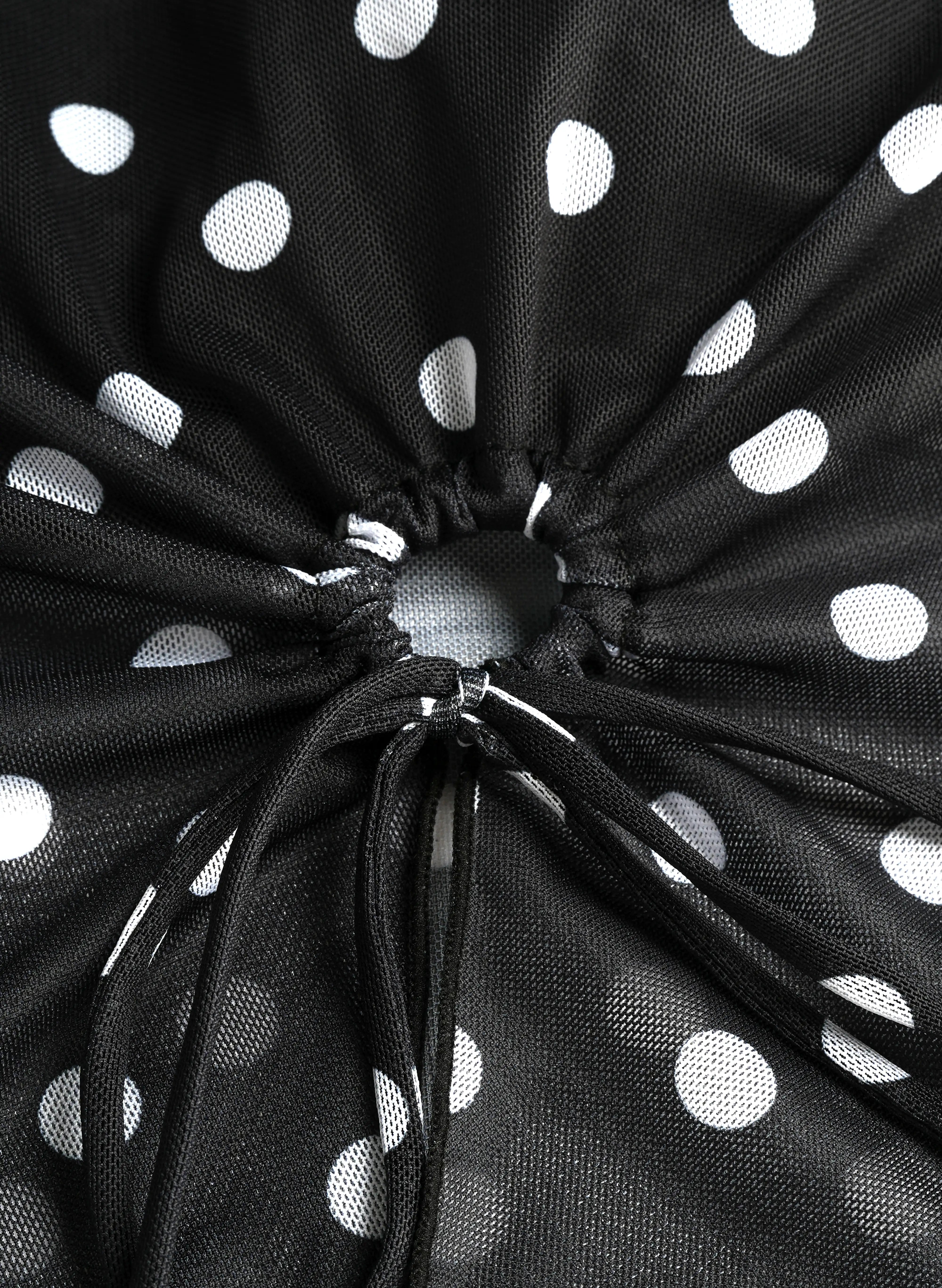 Polka Dot Lila Strapless Ring Ruched Mesh Tankini Set - Black White