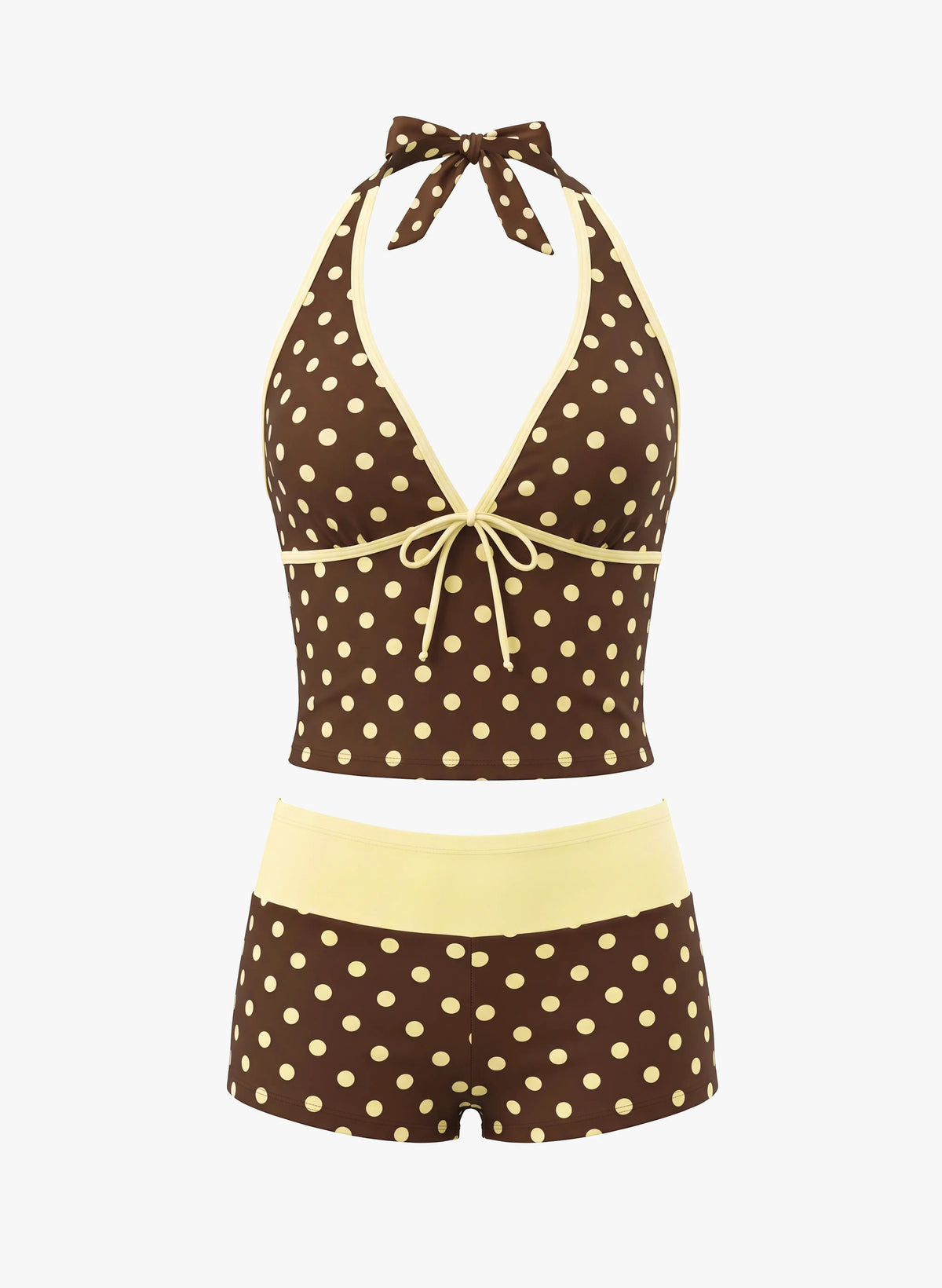Polka Dot Mia Halter Tie Tankini Short Swim Set - Cocoa Lemon