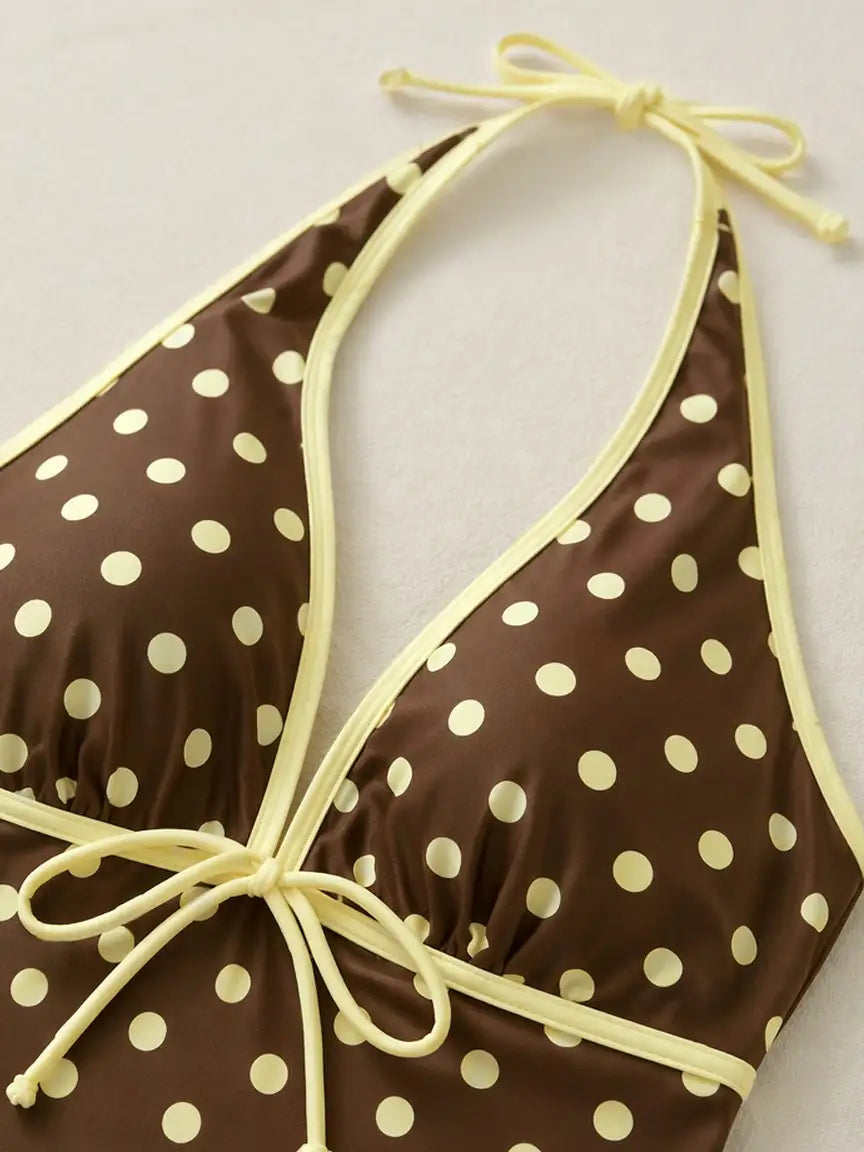 Polka Dot Mia Halter Tie Tankini Short Swim Set - Cocoa Lemon