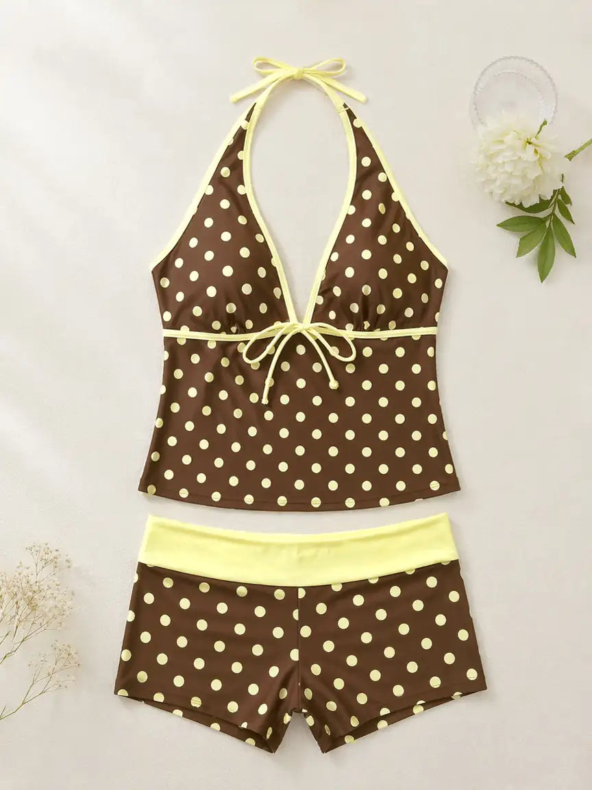 Polka Dot Mia Halter Tie Tankini Short Swim Set - Cocoa Lemon