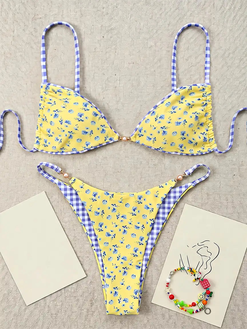 Print Wren Front Pearl Ditsy Floral Bikini Set - Lemon Yellow Blue