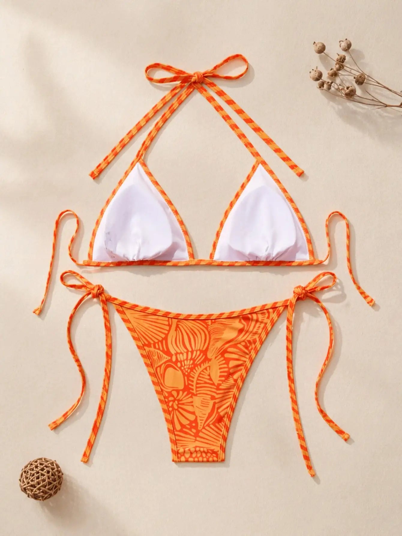 Bali Shell Print Tie Triangle Bikini Set - Tangerine Orange