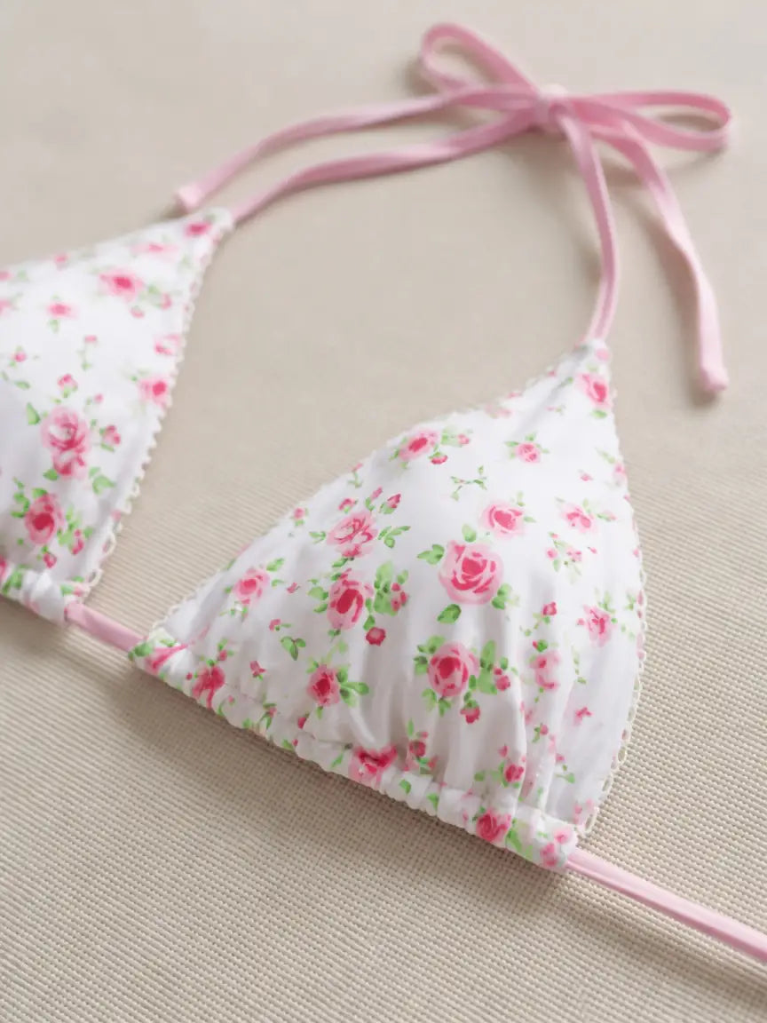 Rose Scallop Side Tie Triangle Bikini Set - Blush Pink