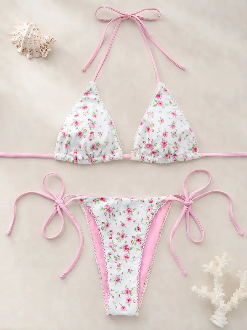 Rose Scallop Side Tie Triangle Bikini Set - Blush Pink