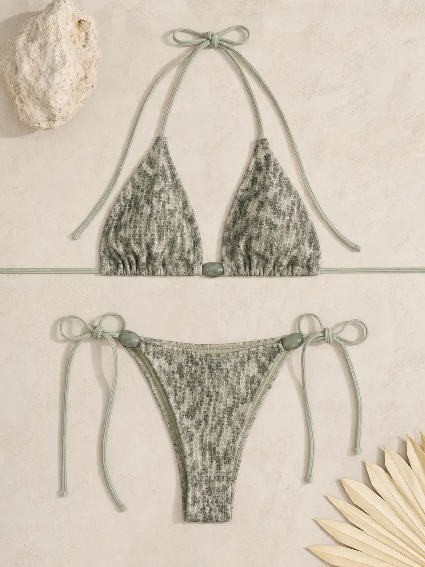Sage Green Snake Print Knitted Bikini Set