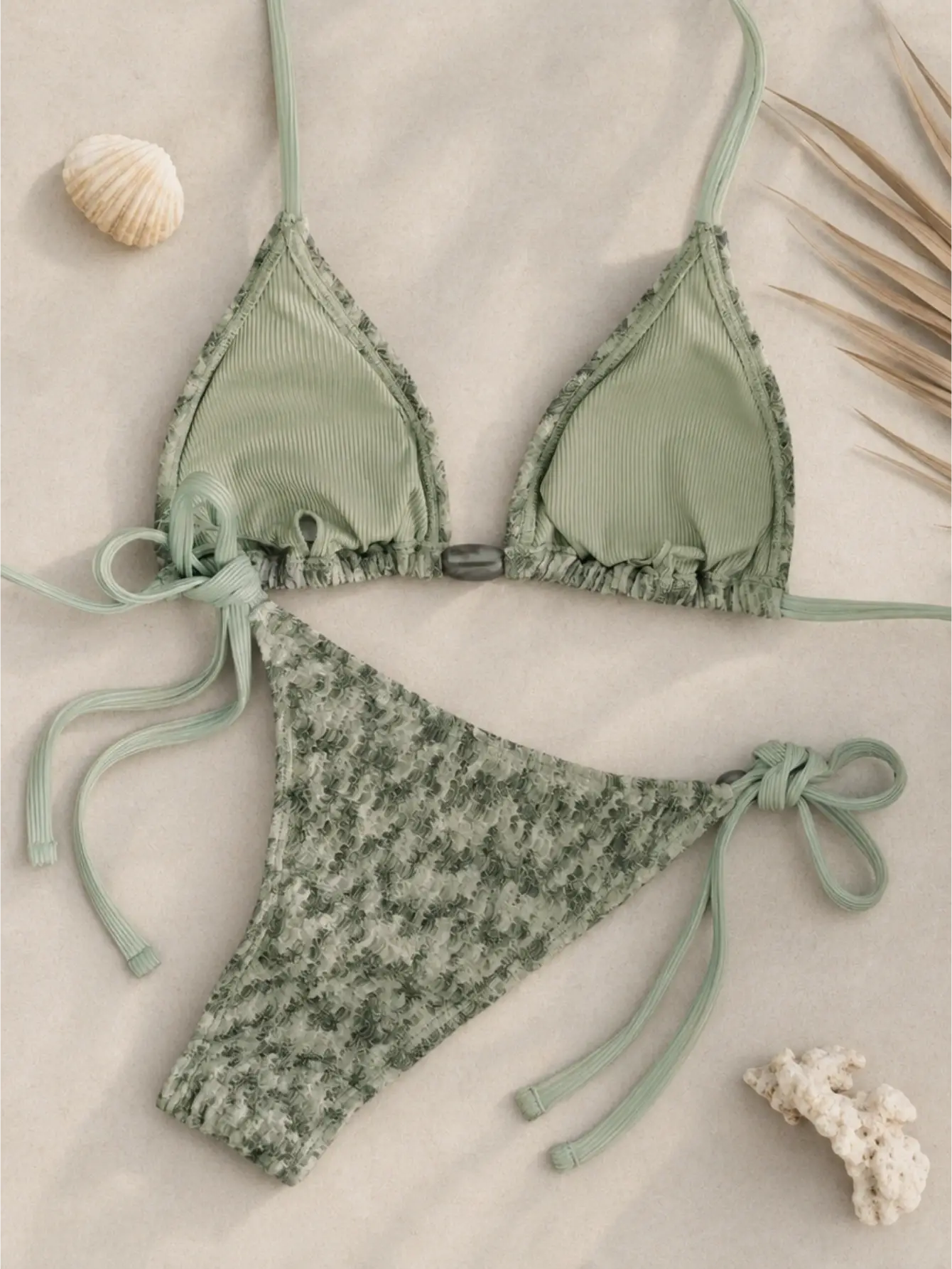 Sage Green Snake Print Knitted Bikini Set