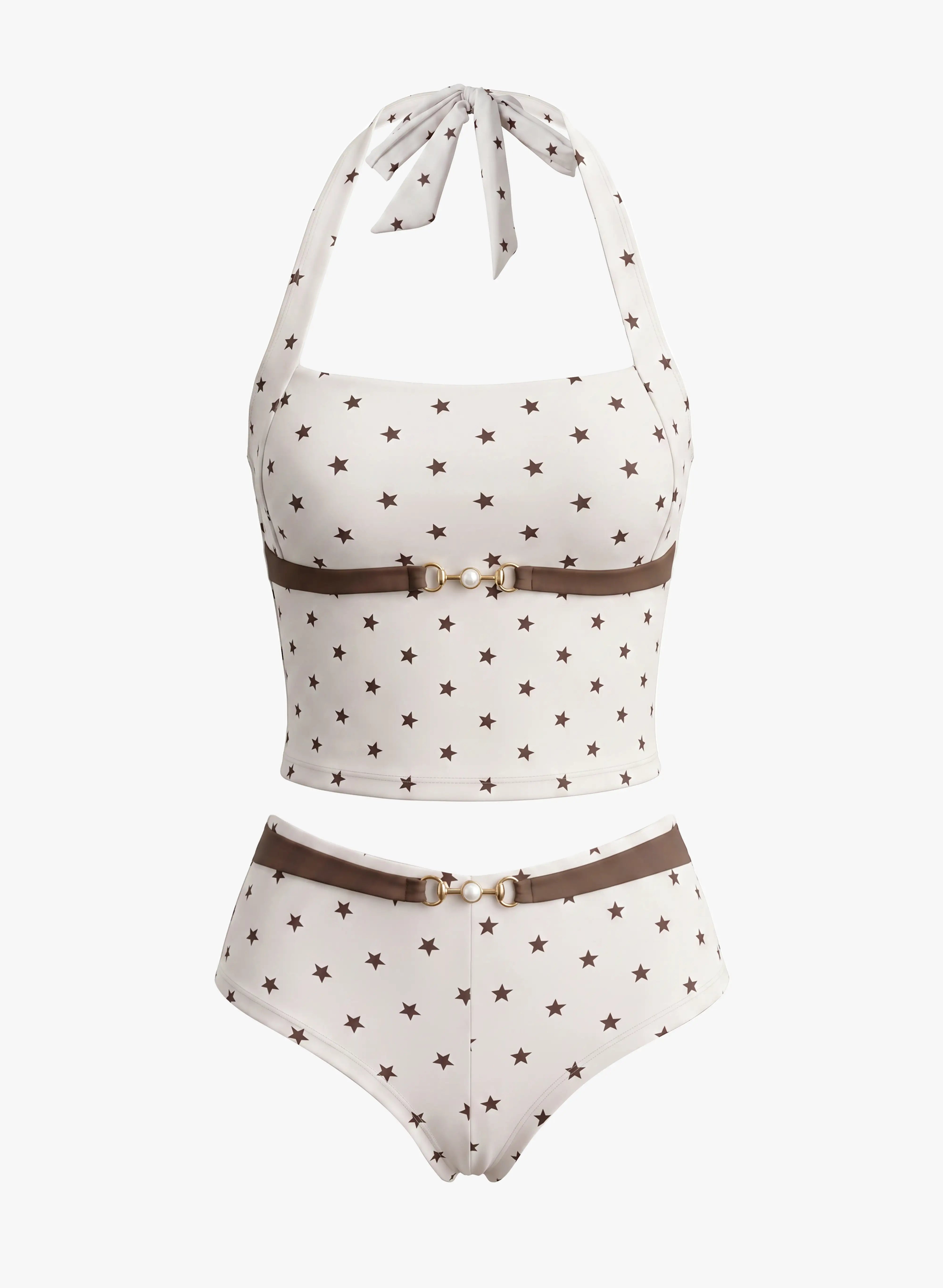 Saint‑Tropez Star Print Halter Tankini Set - Cream Latte