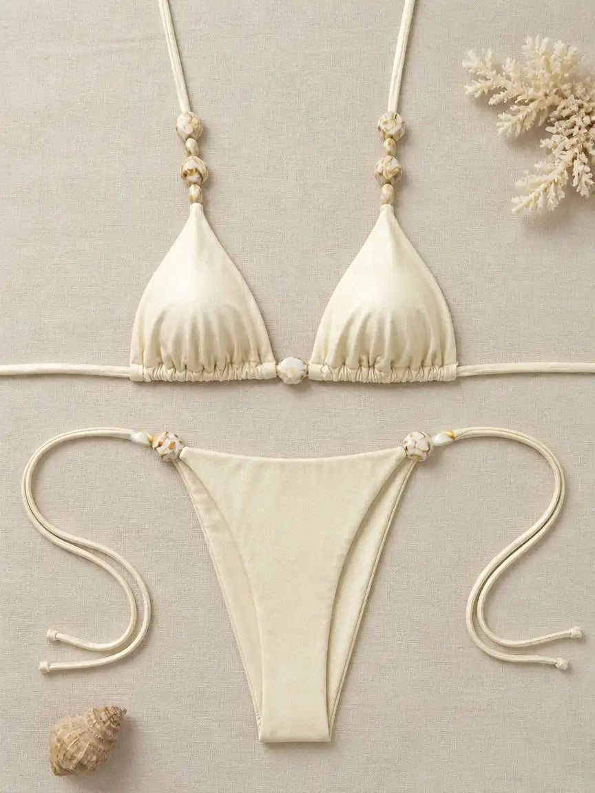 Santorini Beaded Triangle Bikini Set - Cream Ivory