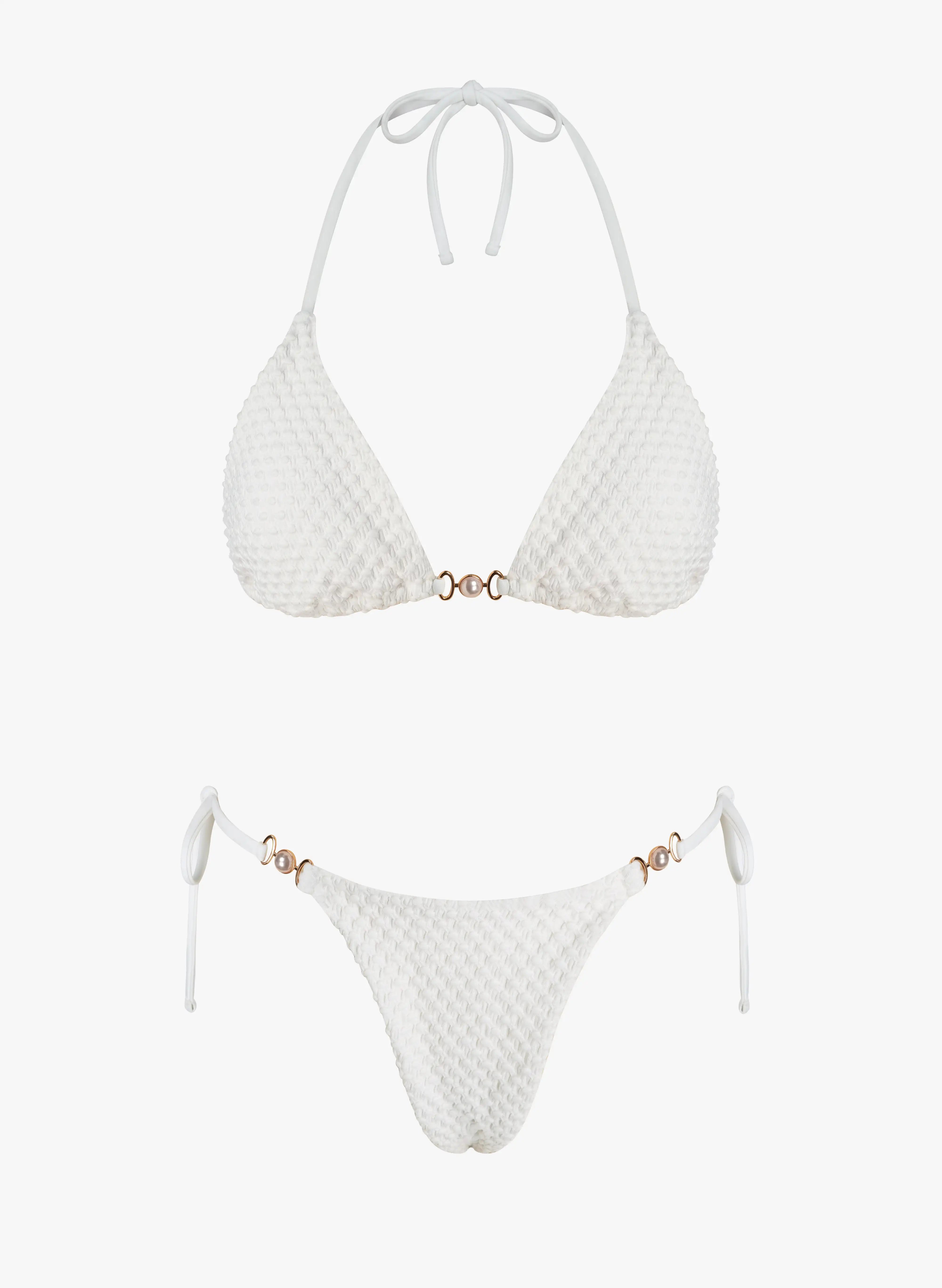 Santorini Pearl‑Hardware Waffle Triangle Bikini Set‑Off‑White