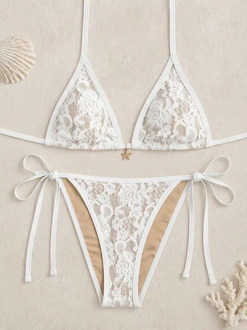 Santorini White Floral Lace Star Charm Two-Piece Bikini Set
