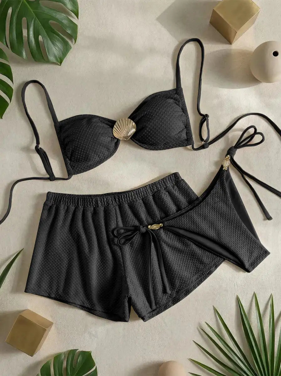 Seashell Decor Bikini Set with Matching Cover-Up Shorts