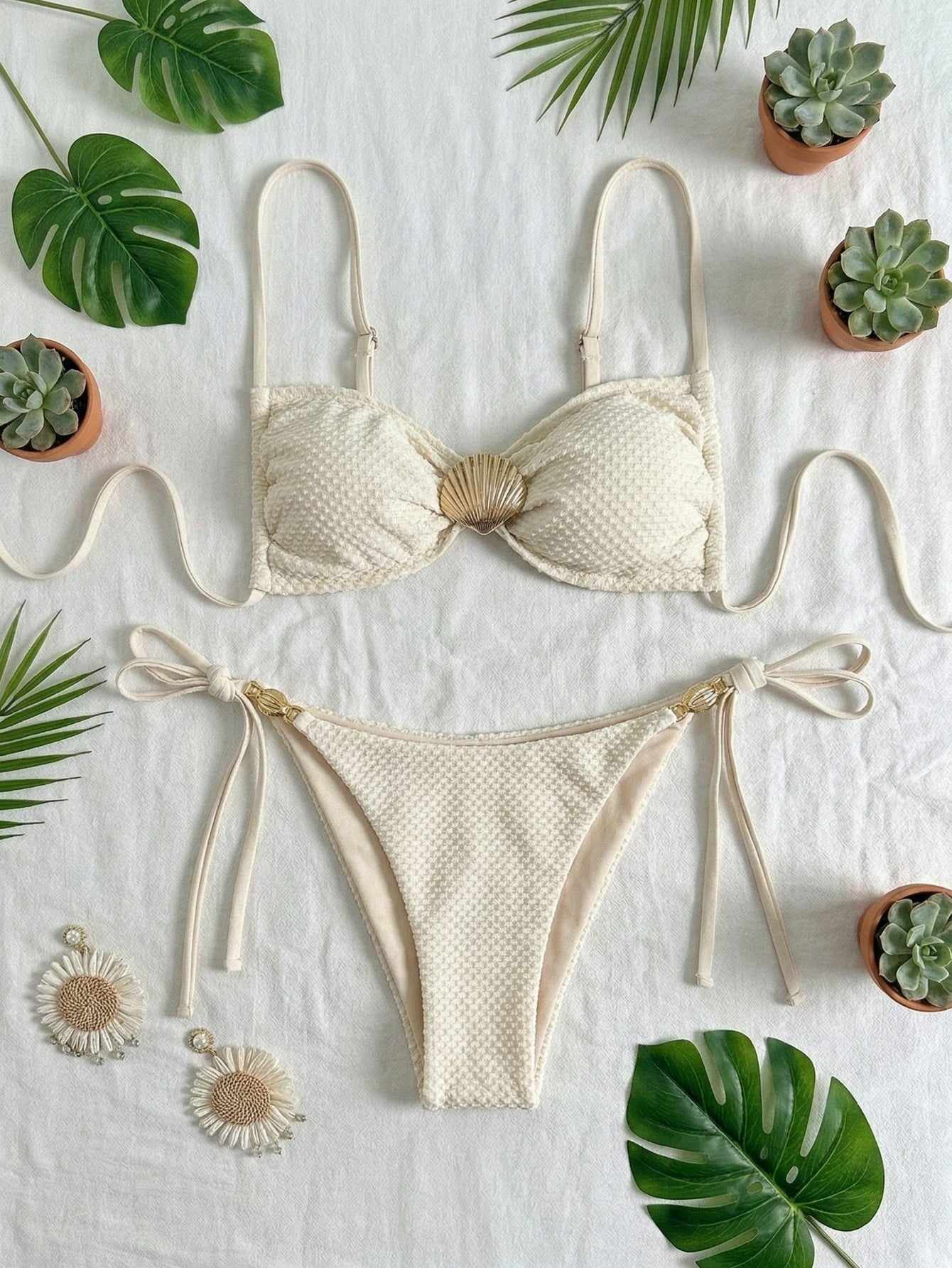 Seashell Decor Bikini Set with Matching Cover-Up Shorts | Beacheers