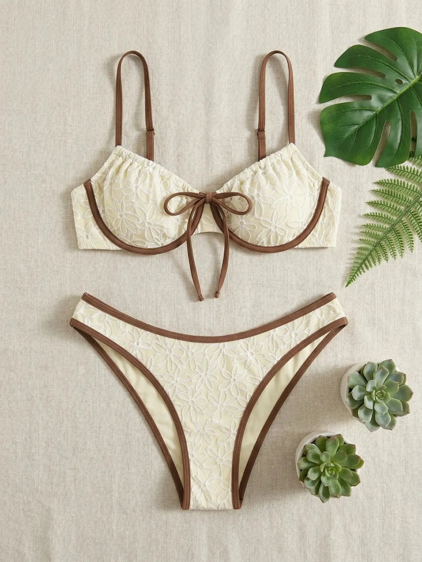Spaghetti Strap Plants Contrast Color Bikini Set