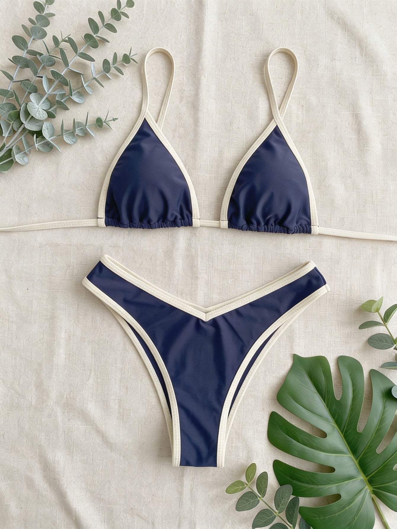 Spaghetti Strap Contrast Trim Triangle Bikini Set | Beacheers