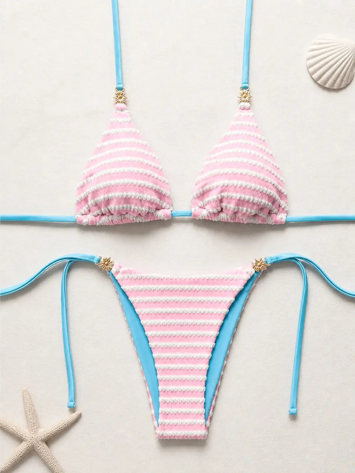 Textured Stripe Triangle Bikini Set - Pink & Sky Blue