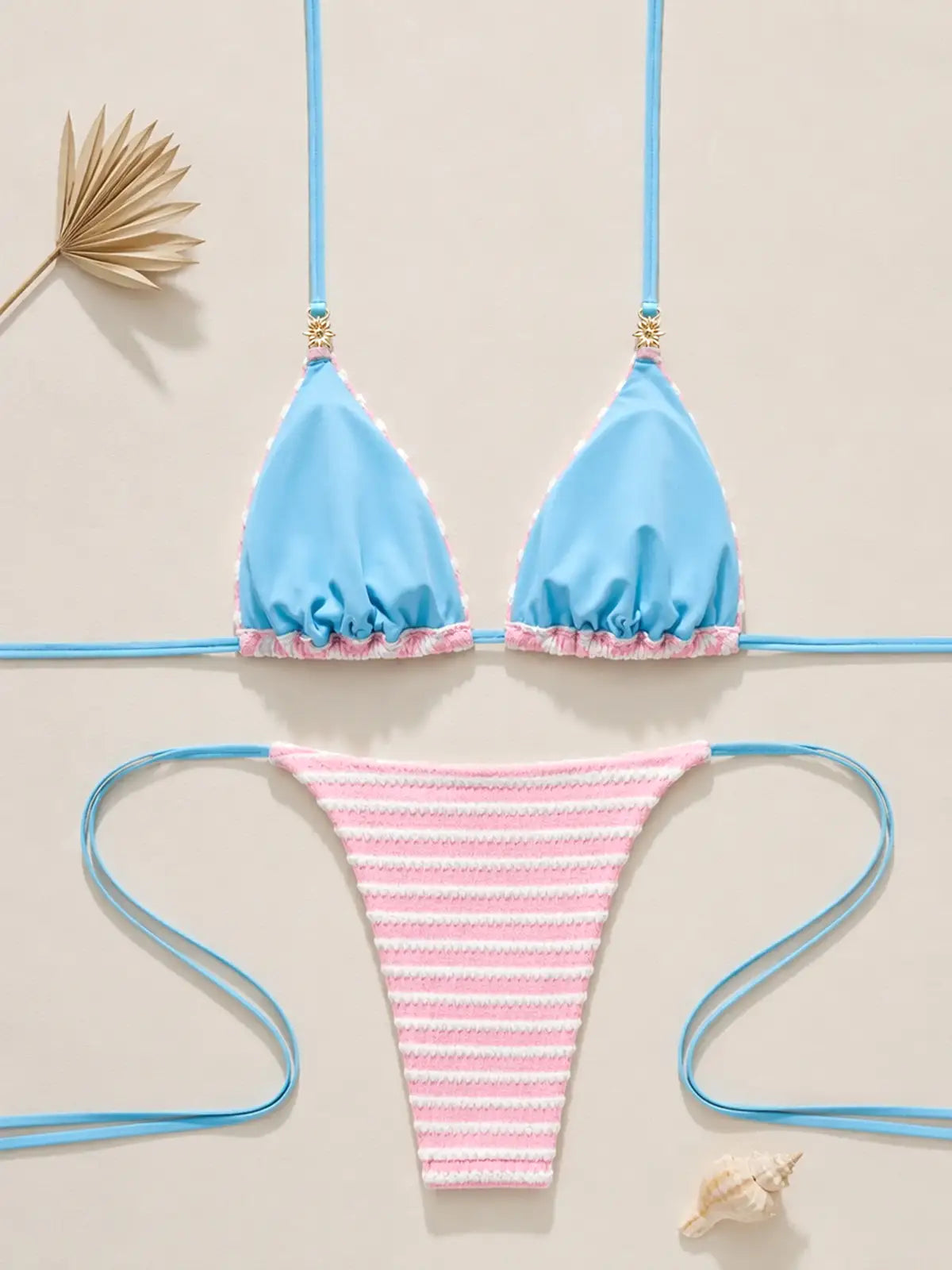 Textured Stripe Triangle Bikini Set - Pink & Sky Blue