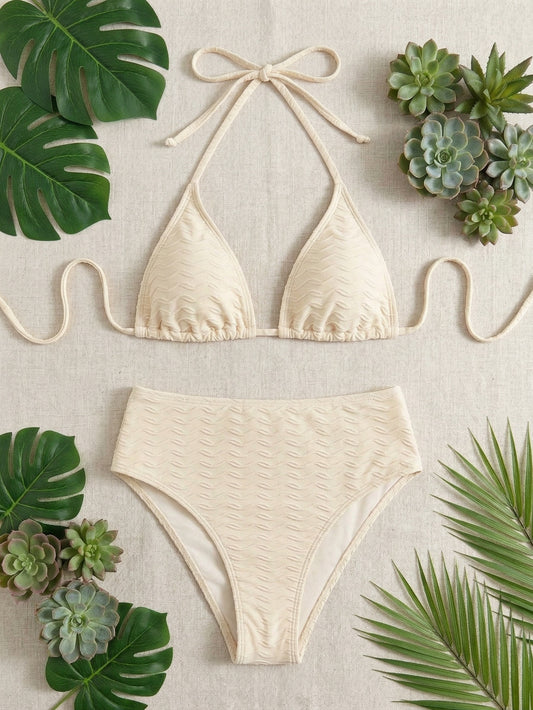 Textured Halter Triangle High Waisted Bikini Set | Beacheers