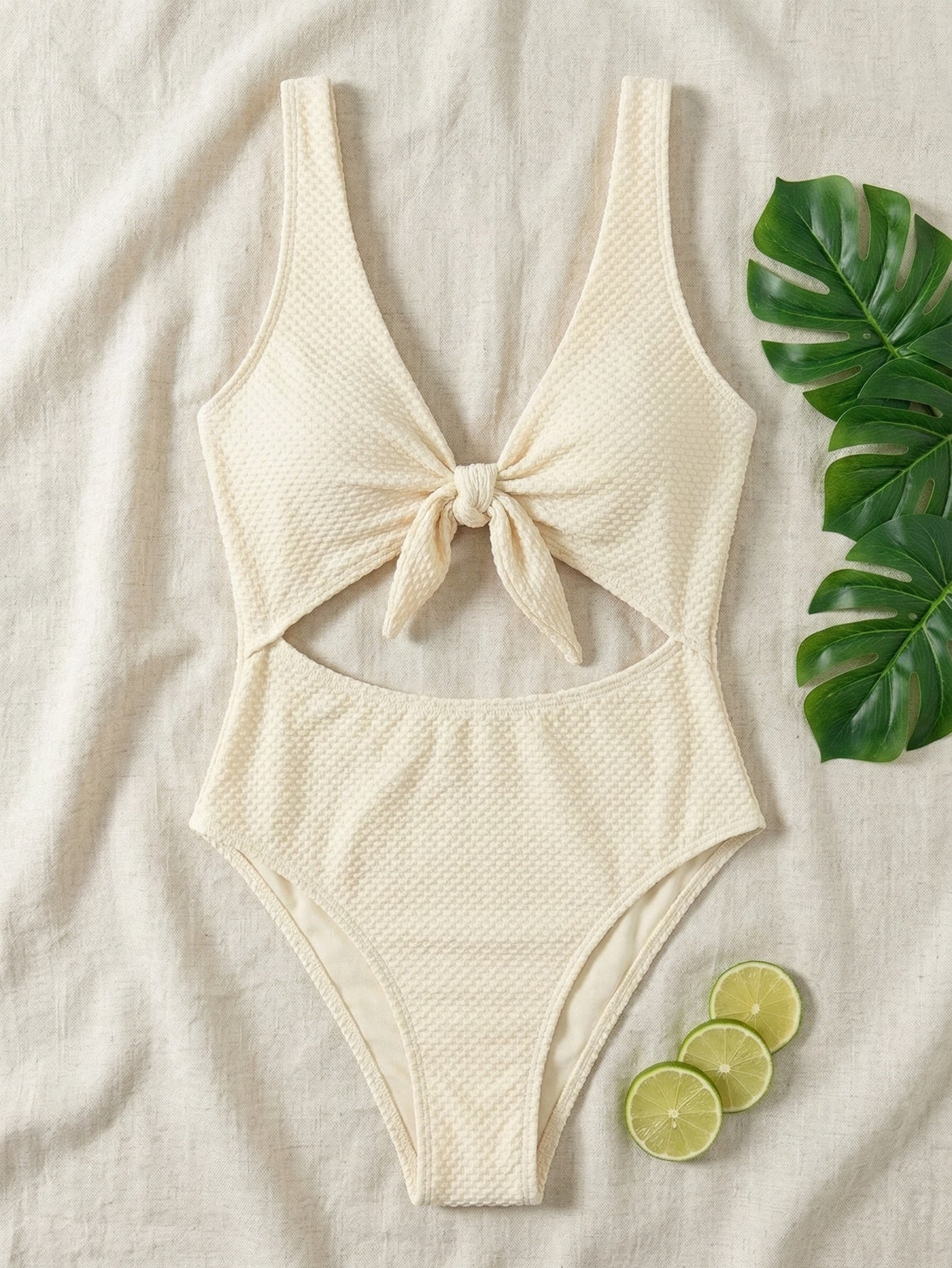 Textured Tie Front Cut Out One Piece Swimsuit | Beacheers