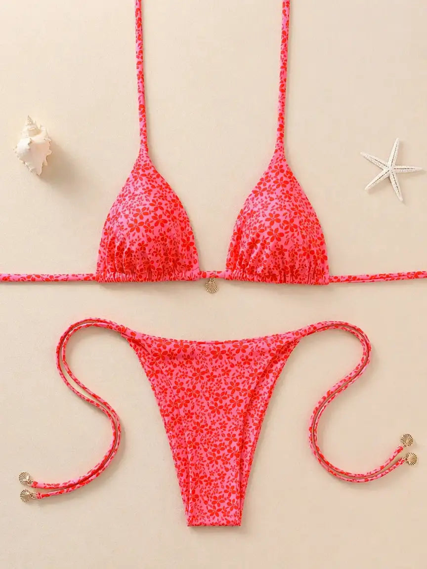 Tulum Ditsy Floral Gold Charm Side Tie Bikini Set - Hot Pink