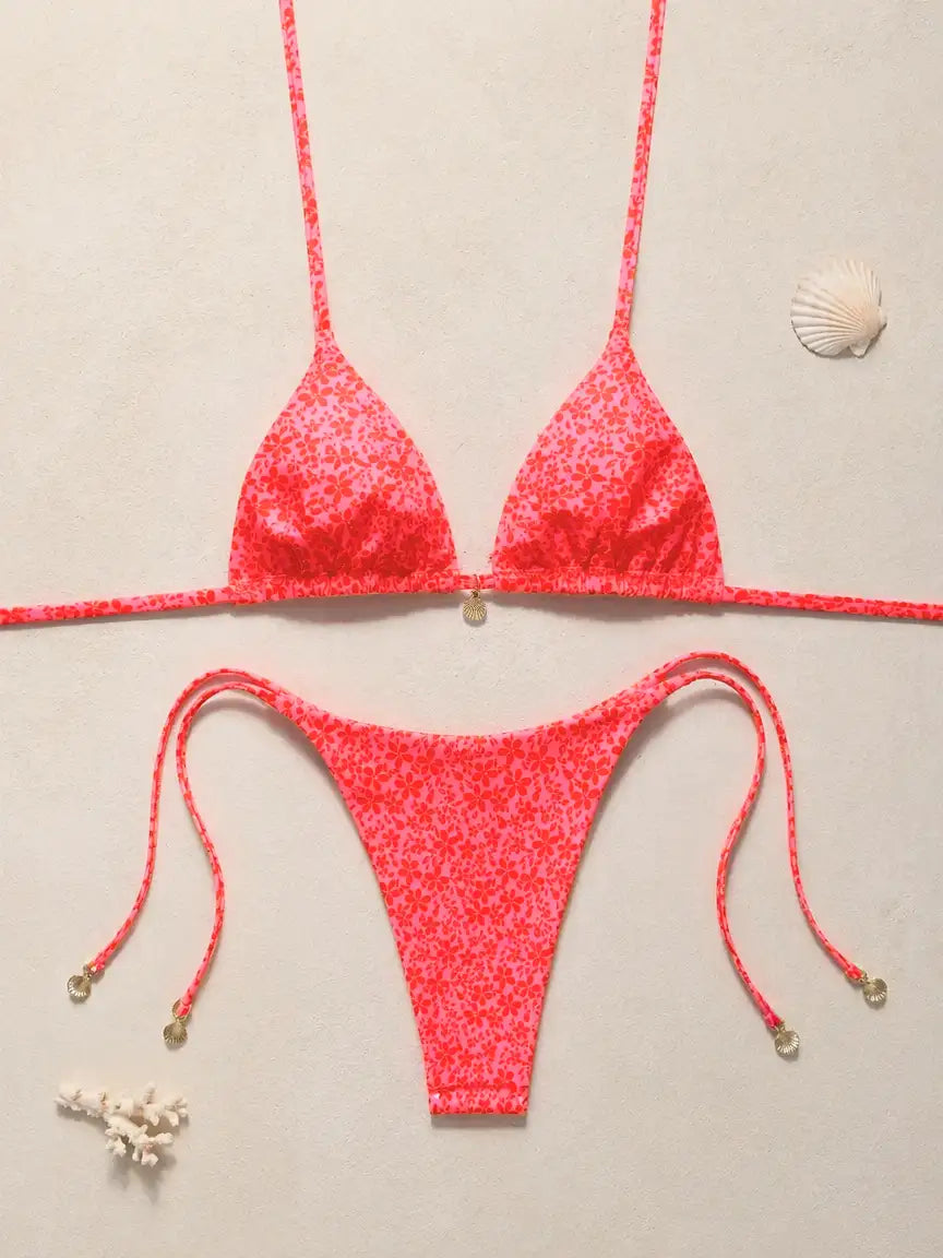 Tulum Ditsy Floral Gold Charm Side Tie Bikini Set - Hot Pink